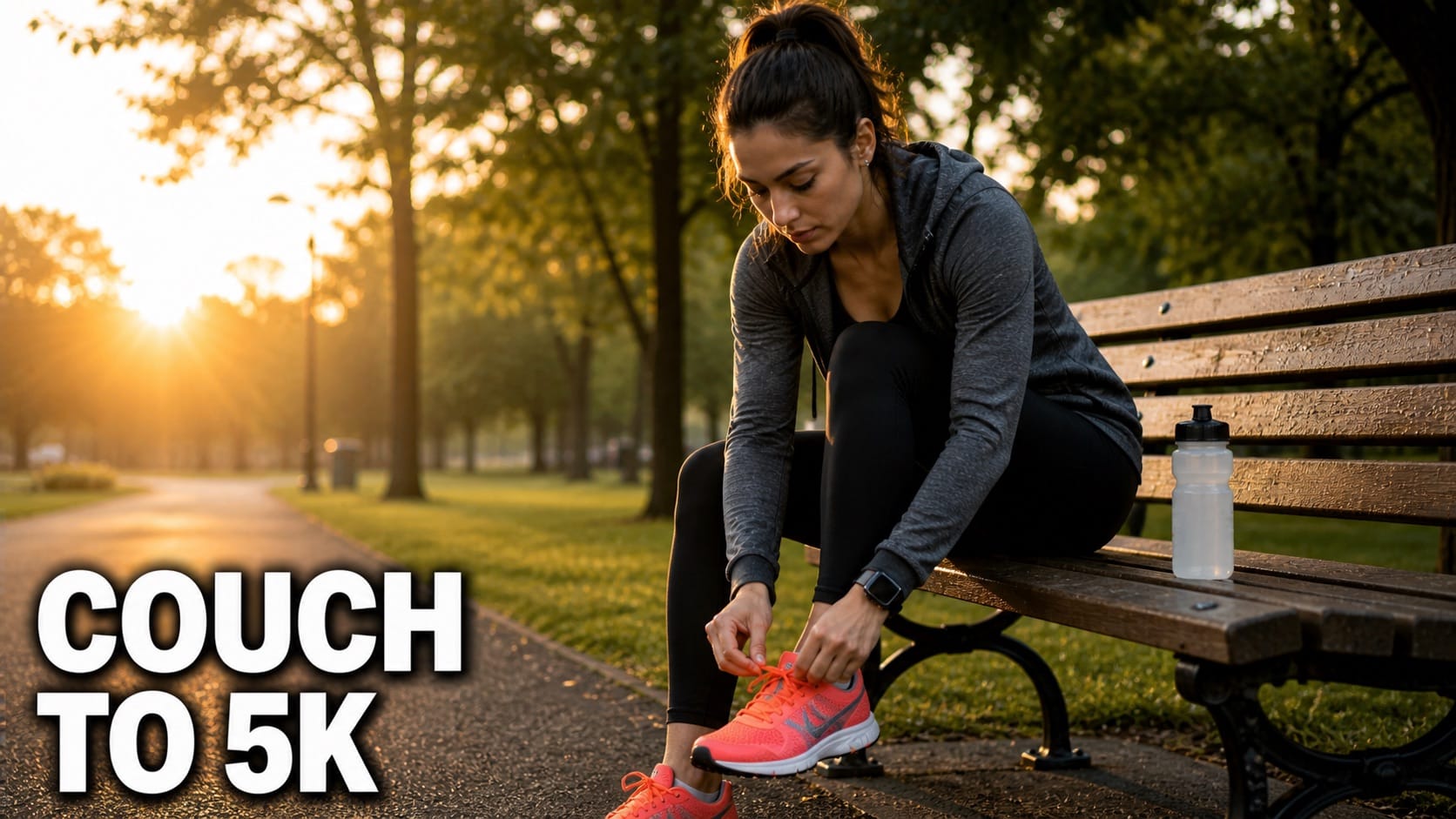 Beginner runner tying shoes on park bench at sunrise preparing for couch to 5k training run