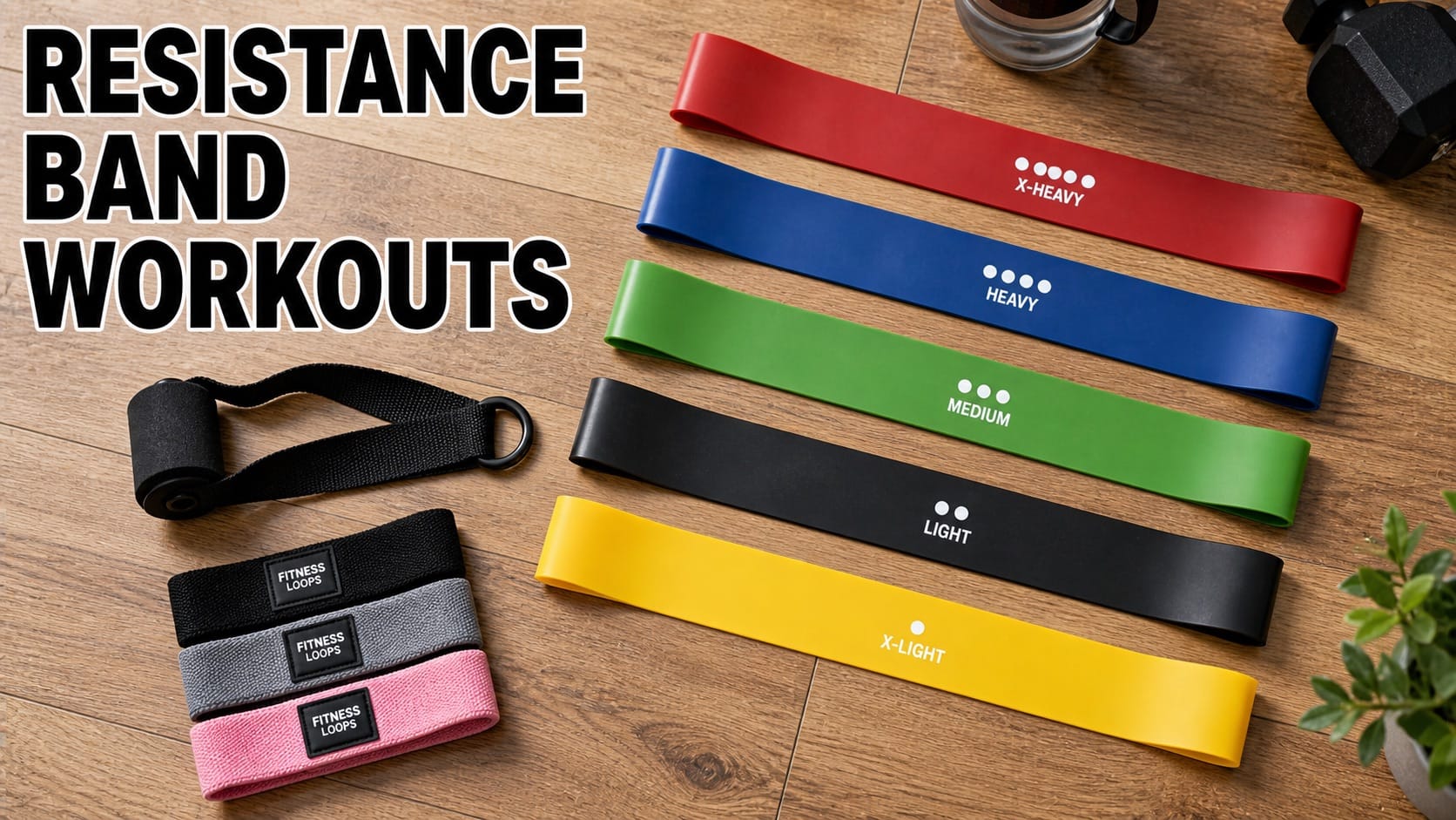 Set of colorful resistance bands of various thicknesses laid out on home workout floor with anchor attachment