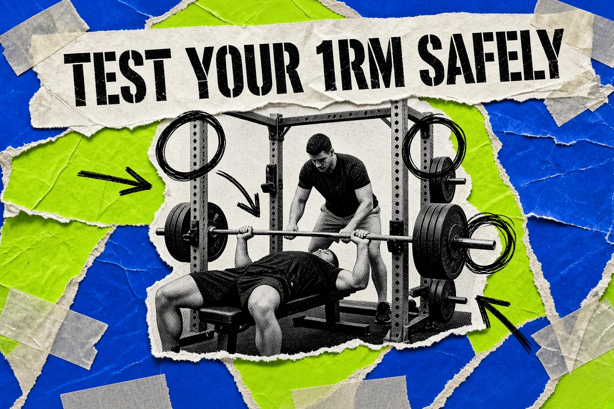 Collage di una persona che fa panca piana con un bilanciere pesante in un power rack con barre di sicurezza, con uno spotter in piedi dietro, e il titolo «Test Your 1RM Safely»