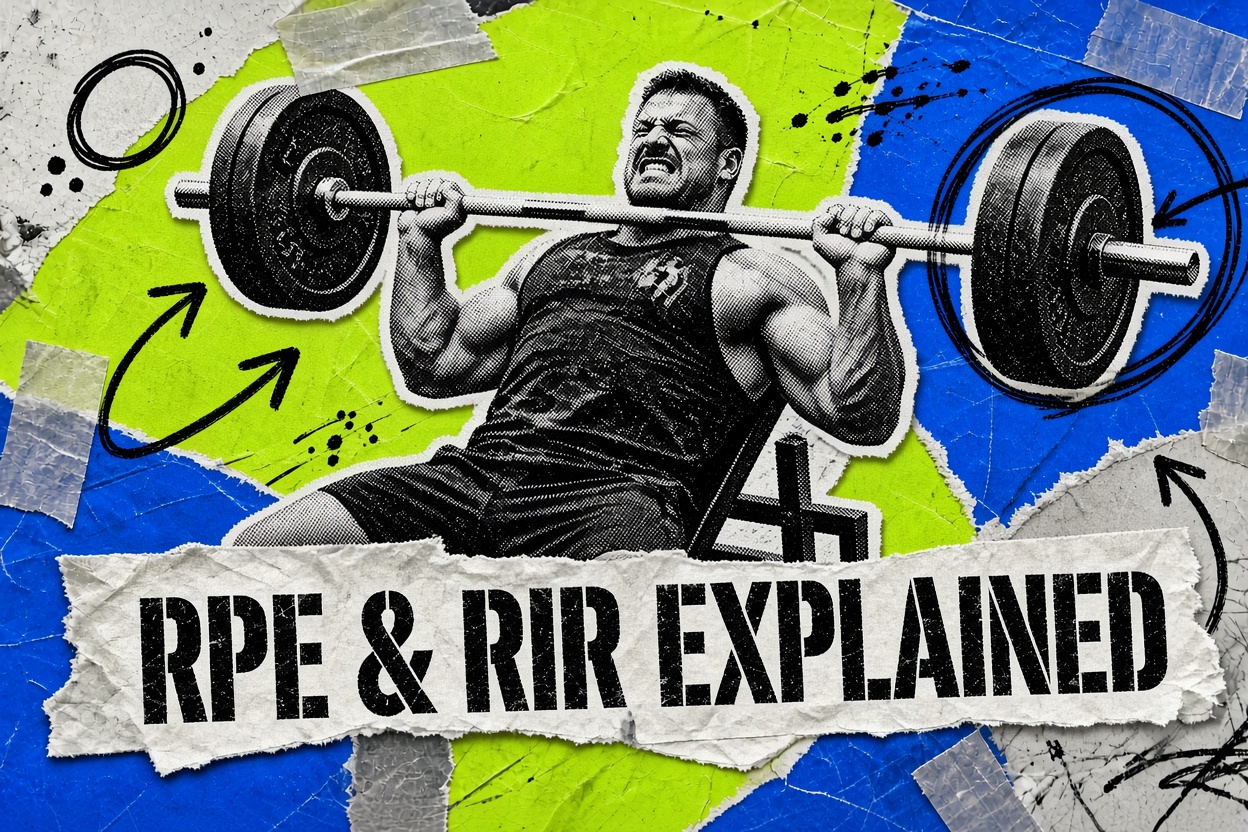 Collage di una persona che porta a termine con fatica l'ultima dura ripetizione della panca piana con bilanciere, con il volto contratto, e il titolo «RPE & RIR Explained»