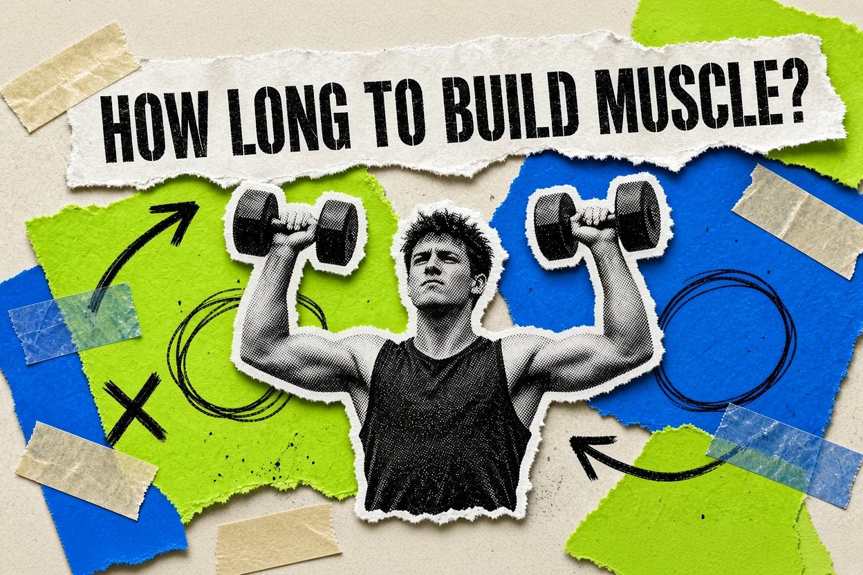 덤벨 숄더 프레스를 하는 초보 리프터를 담은 콜라주, 헤드라인은 “How Long to Build Muscle?”