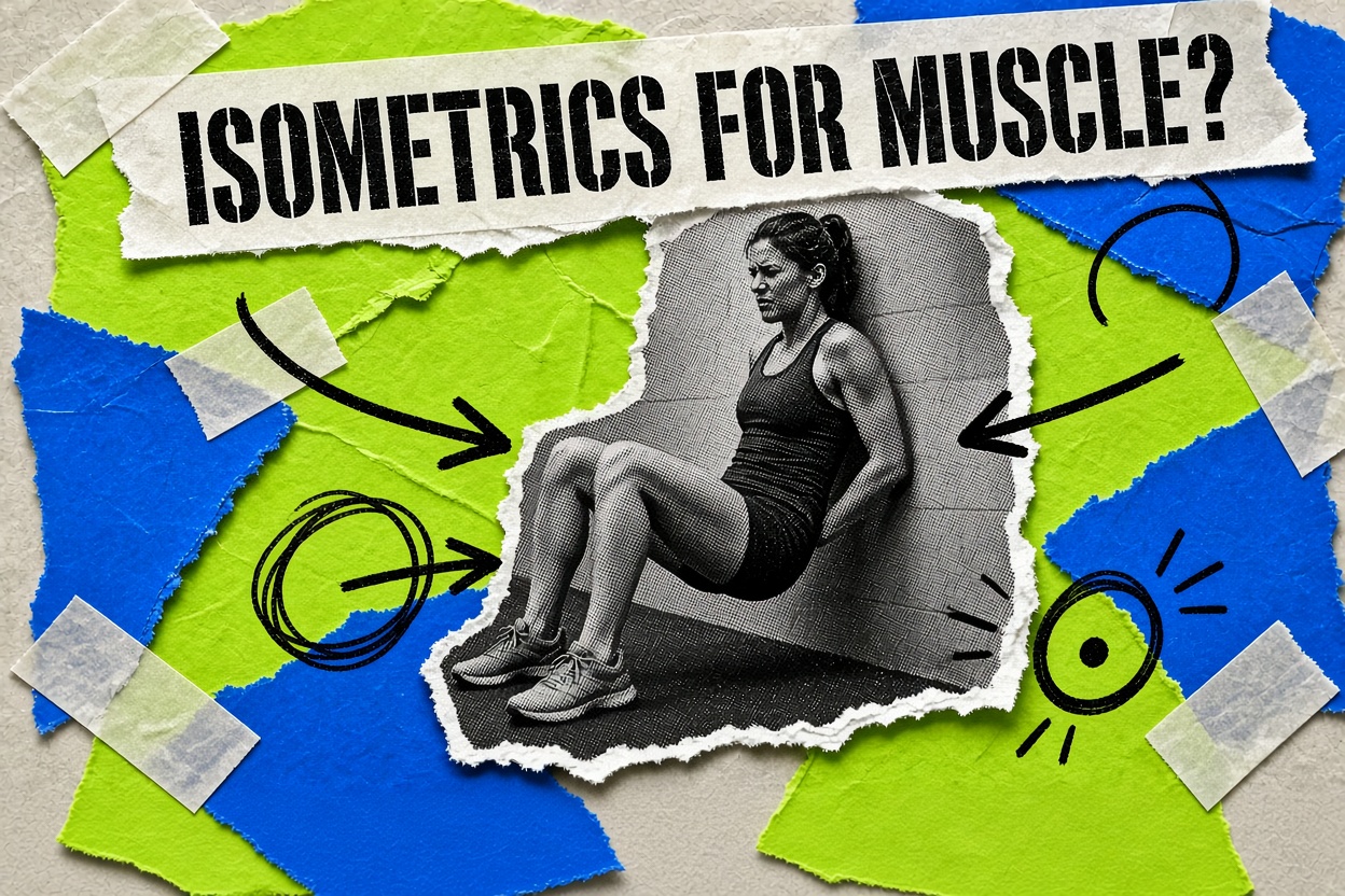 헬스장 벽에 기대어 월 싯을 버티는 여성의 콜라주. 힘들지만 흔들림 없는 모습과 “Isometrics for Muscle?”라는 헤드라인