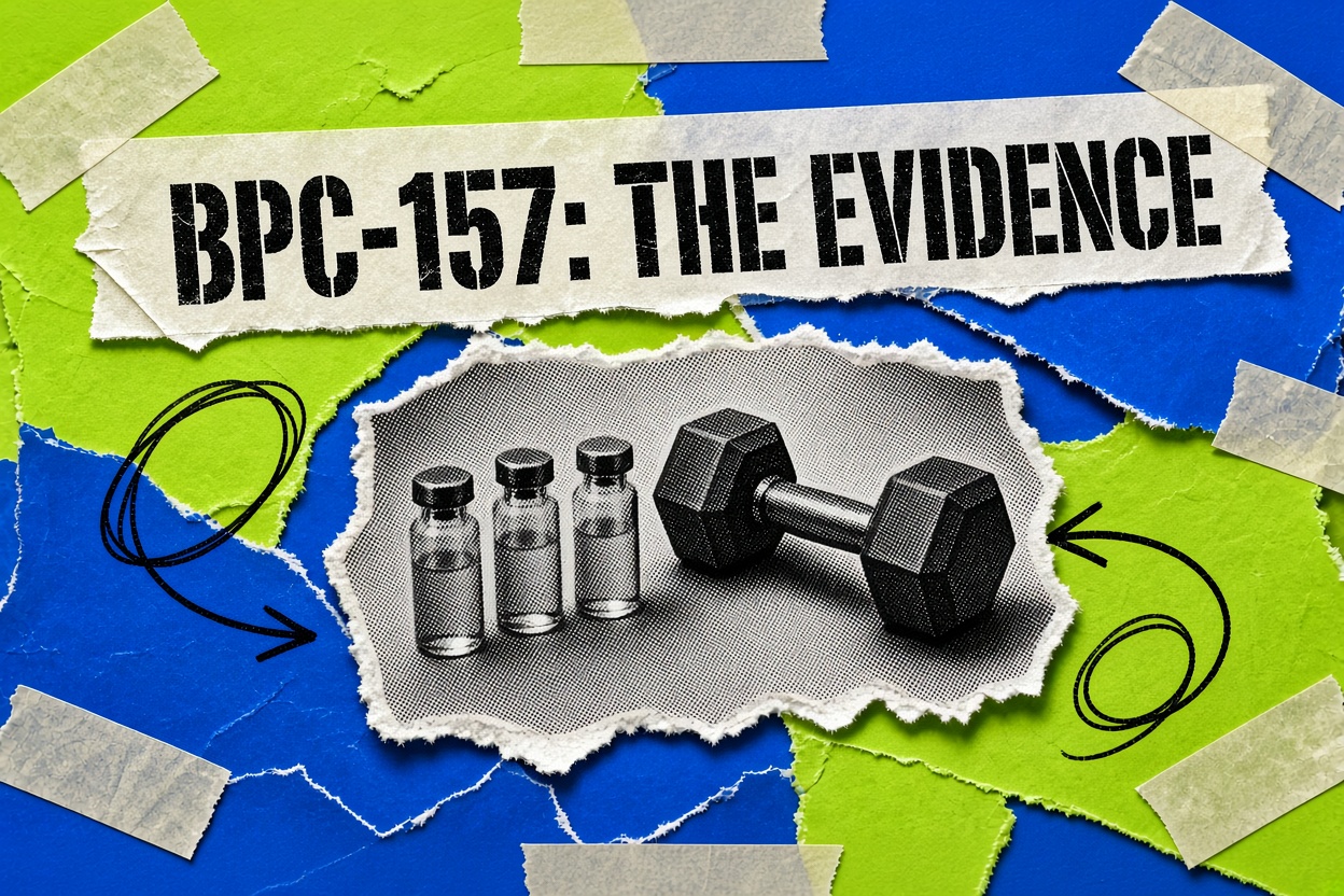 Collage di tre piccole fiale di vetro senza etichetta accanto a un manubrio esagonale, con il titolo «BPC-157: The Evidence»