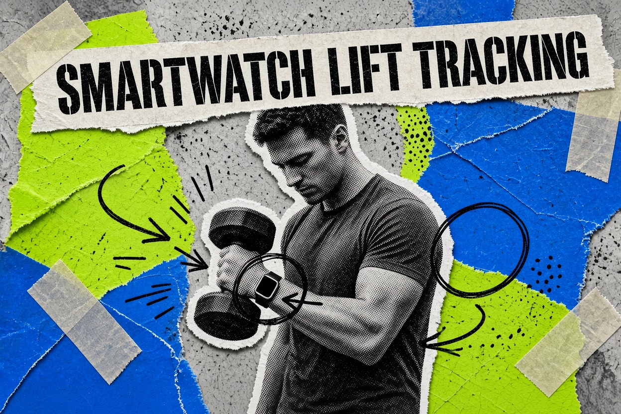 Kolase seorang pria melakukan curl dumbbell berdiri dengan jam tangan pintar di pergelangan tangan, dengan judul “Smartwatch Lift Tracking”