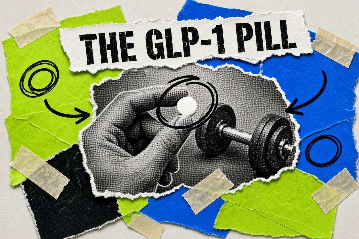 덤벨 앞에서 하얀 알약 한 알을 든 손을 담은 콜라주, 헤드라인은 “The GLP-1 Pill”