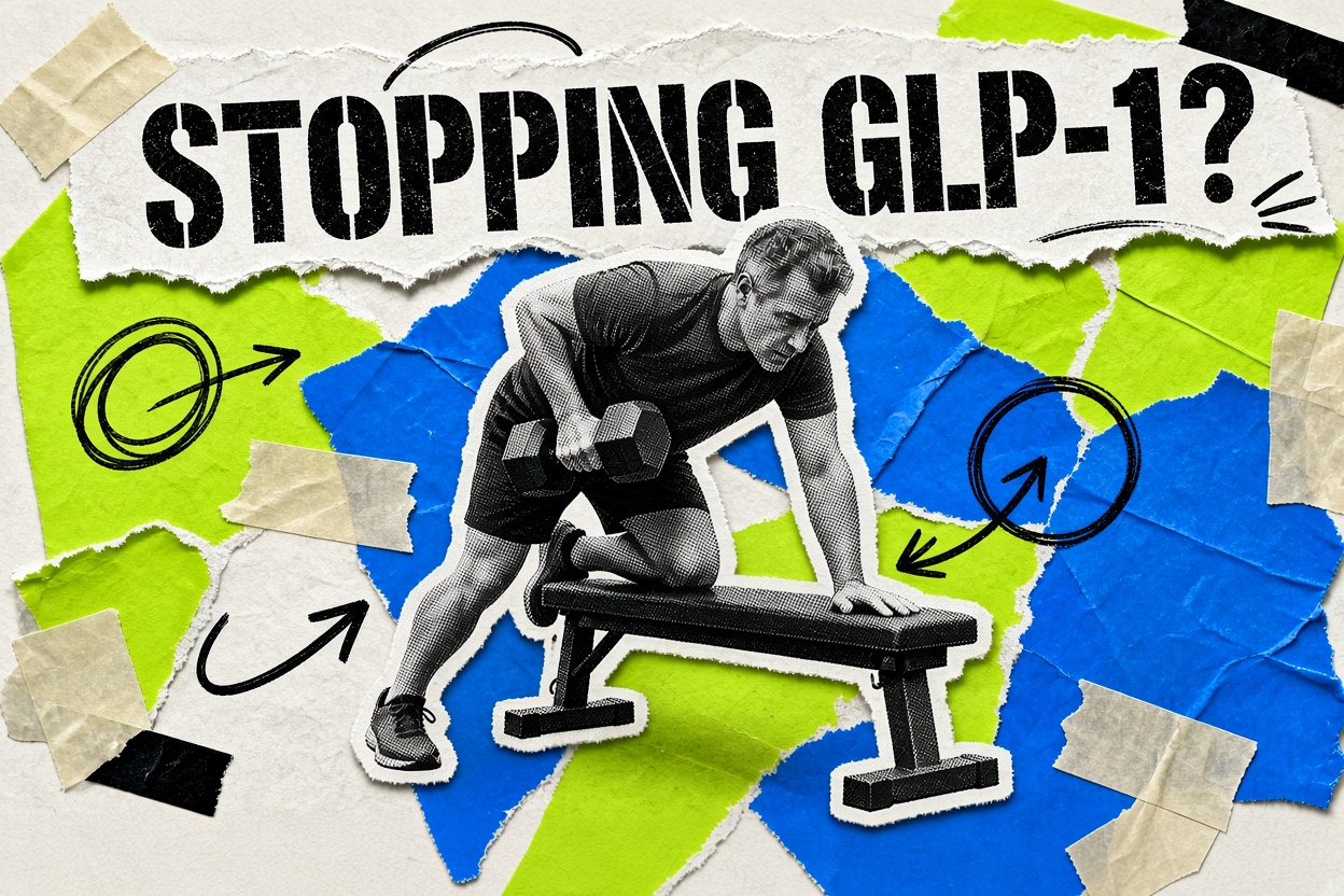 フラットベンチでワンアームダンベルロウをする50代の男性のコラージュ。見出しは「Stopping GLP-1?」