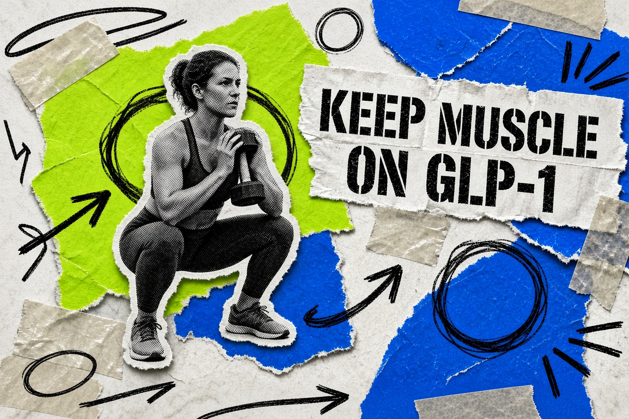 덤벨 고블릿 스쿼트를 하는 40대 여성을 담은 콜라주, 헤드라인은 “Keep Muscle on GLP-1”
