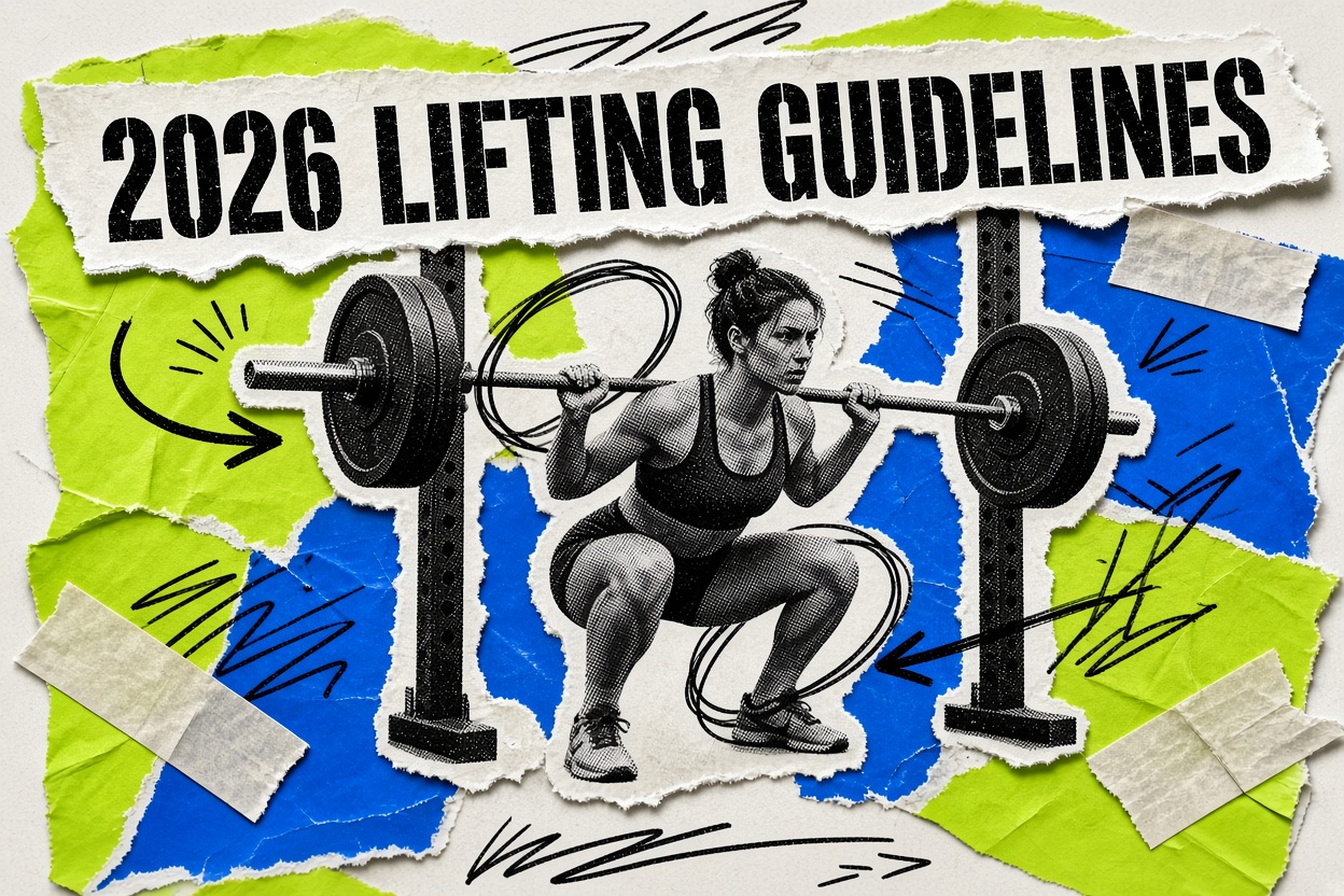 Collage di una donna che esegue uno squat controllato con bilanciere in un rack, con il titolo «2026 Lifting Guidelines»