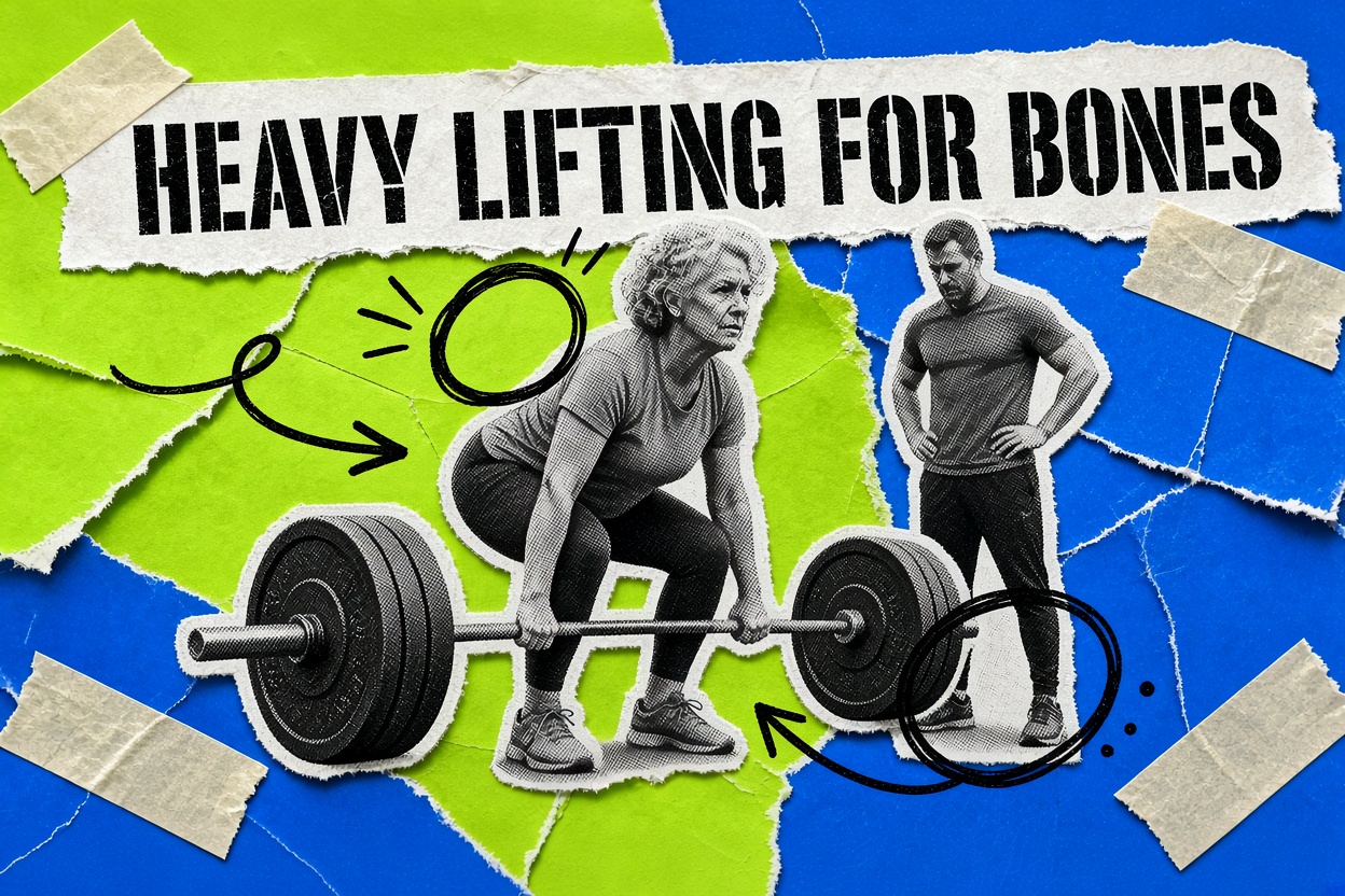 Altmışlı yaşlarda bir kadının yanında bir antrenör izlerken halterle deadlift yapışının kolajı; başlık: “Heavy Lifting for Bones”