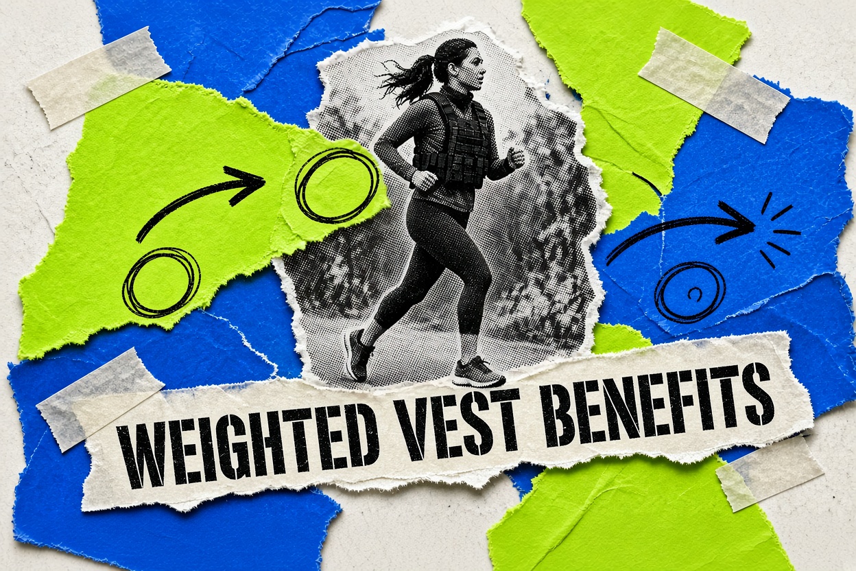 Collage di una donna che cammina a passo svelto su un sentiero all'aperto indossando un gilet zavorrato, con il titolo «Weighted Vest Benefits»