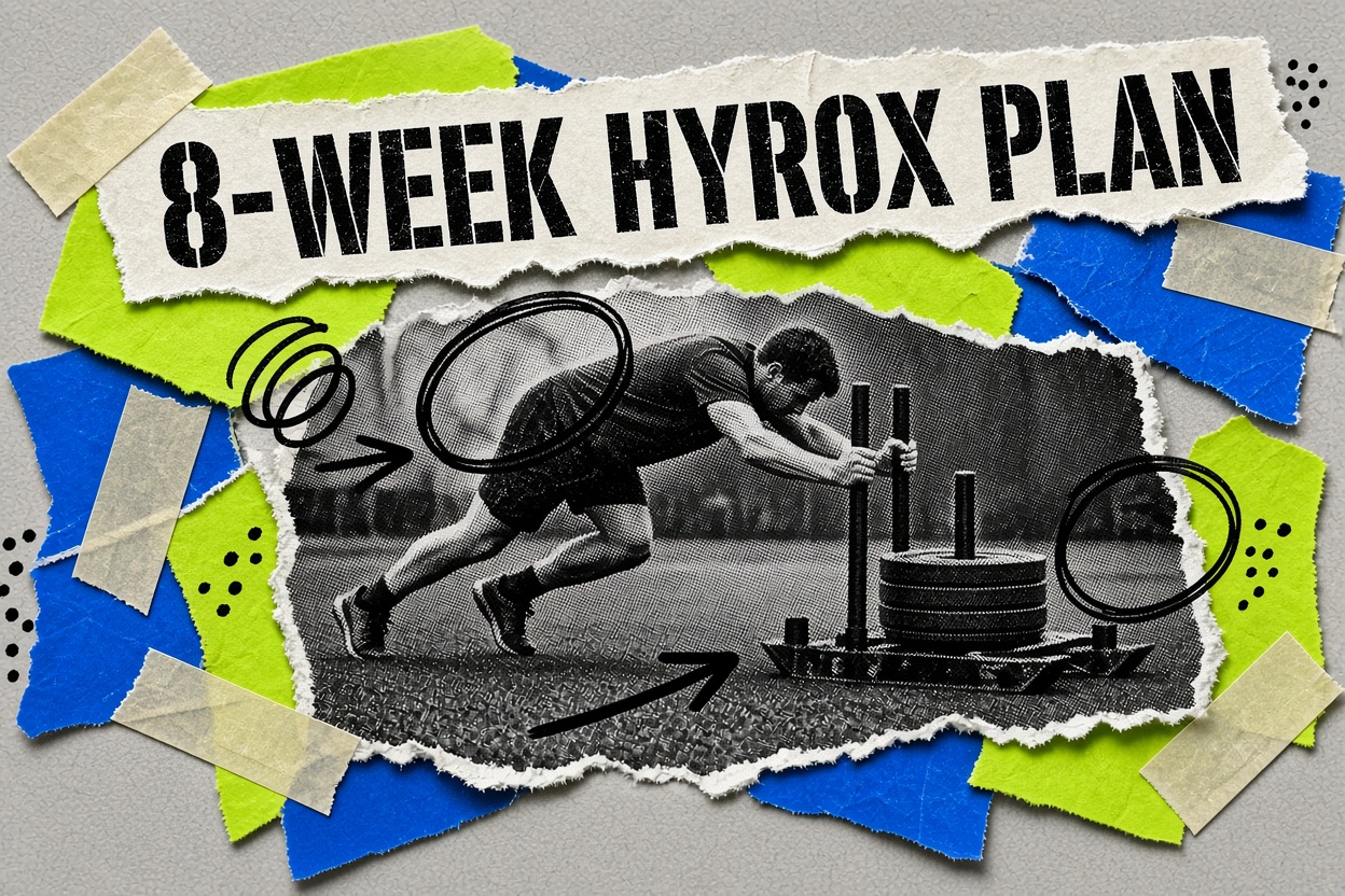 무거운 슬레드를 체육관 인조 잔디 위로 미는 선수의 콜라주, 제목 “8-Week Hyrox Plan”이 들어가 있어요