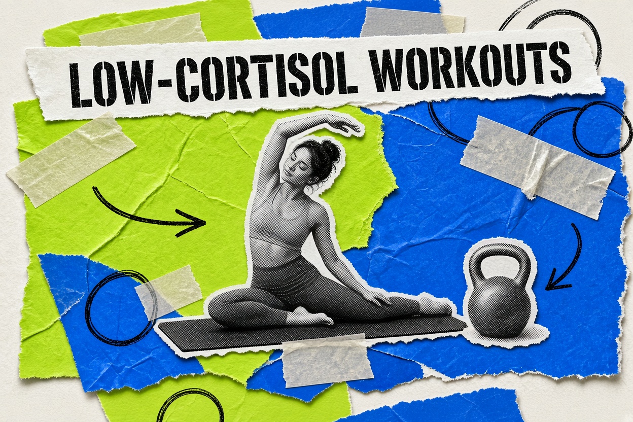 Collage di una donna rilassata che fa stretching su un tappetino da yoga accanto a un kettlebell, con il titolo «Low-Cortisol Workouts»