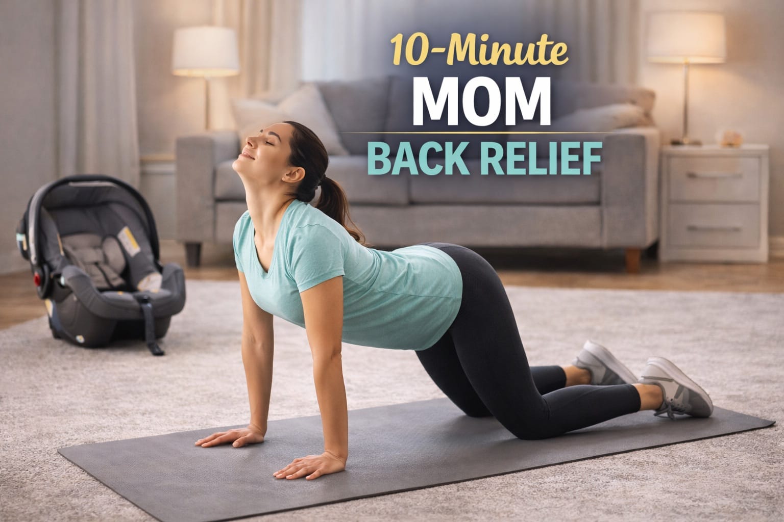 Mom doing back stretches at home