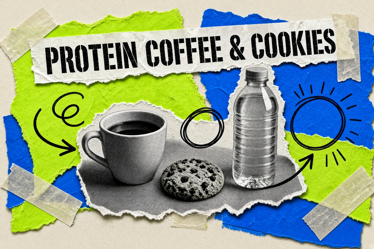 Kolase secangkir kopi, sebuah kue, dan sebotol air di atas meja, semuanya polos tanpa label, dengan judul “Protein Coffee & Cookies”