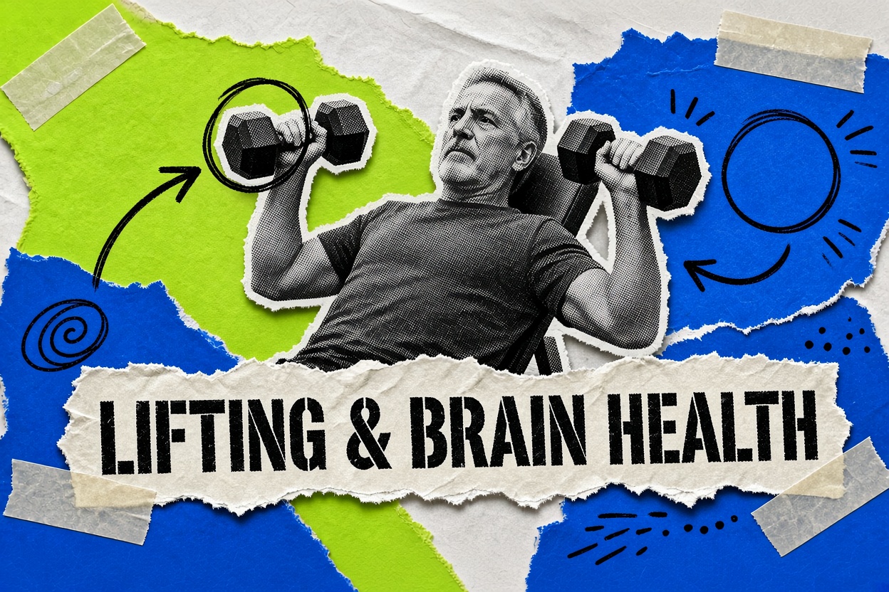 Kolase seorang pria lanjut usia melakukan chest press dumbbell di bangku, dengan judul “Lifting & Brain Health”