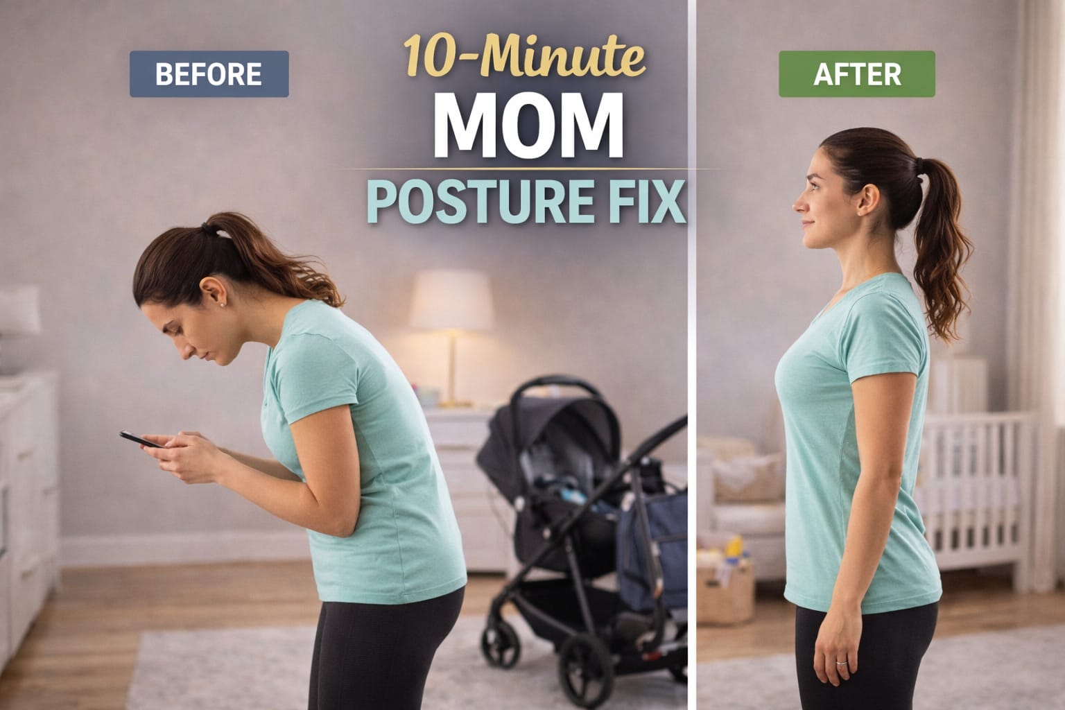 Mom doing posture correction exercises at home