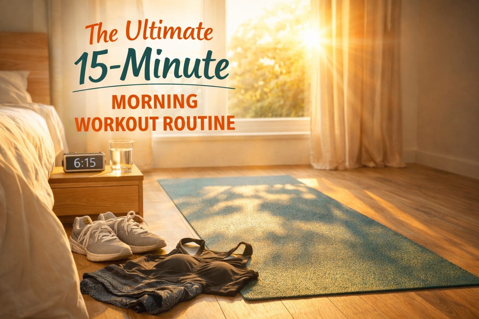 Sunrise streaming through window onto yoga mat with alarm clock showing early morning