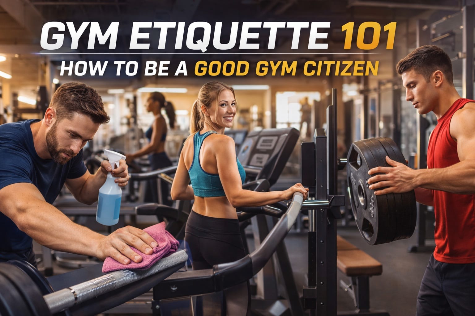 Person cleaning gym equipment with disinfectant