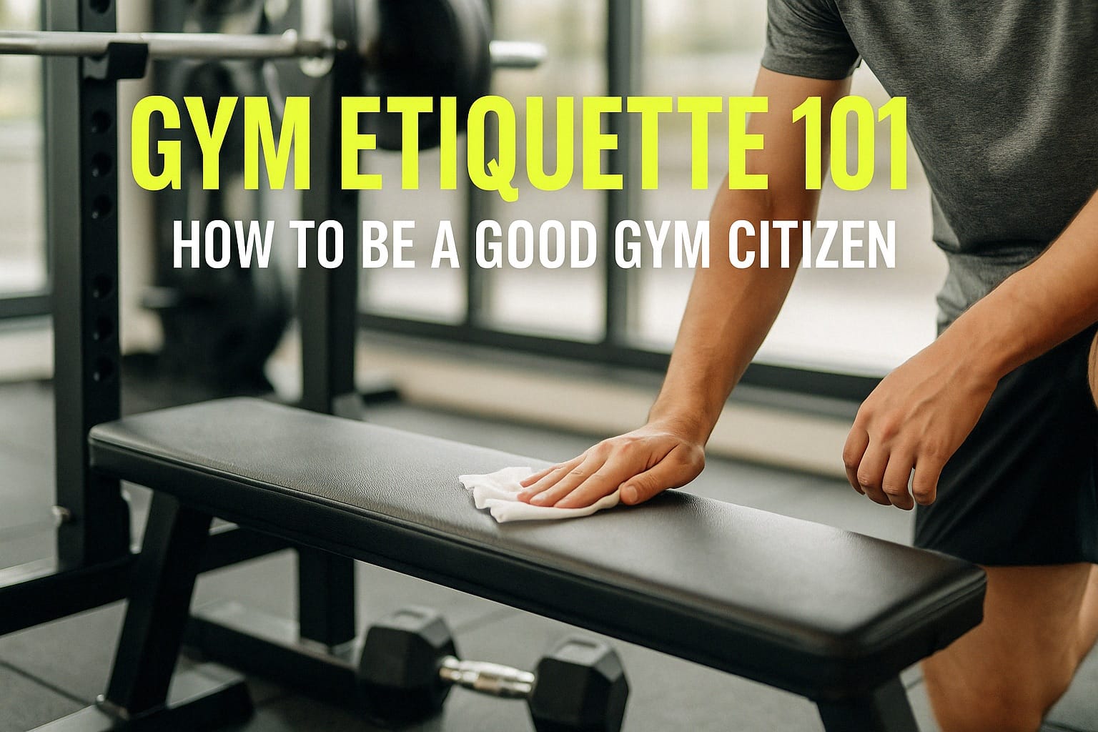 Person cleaning gym equipment with disinfectant