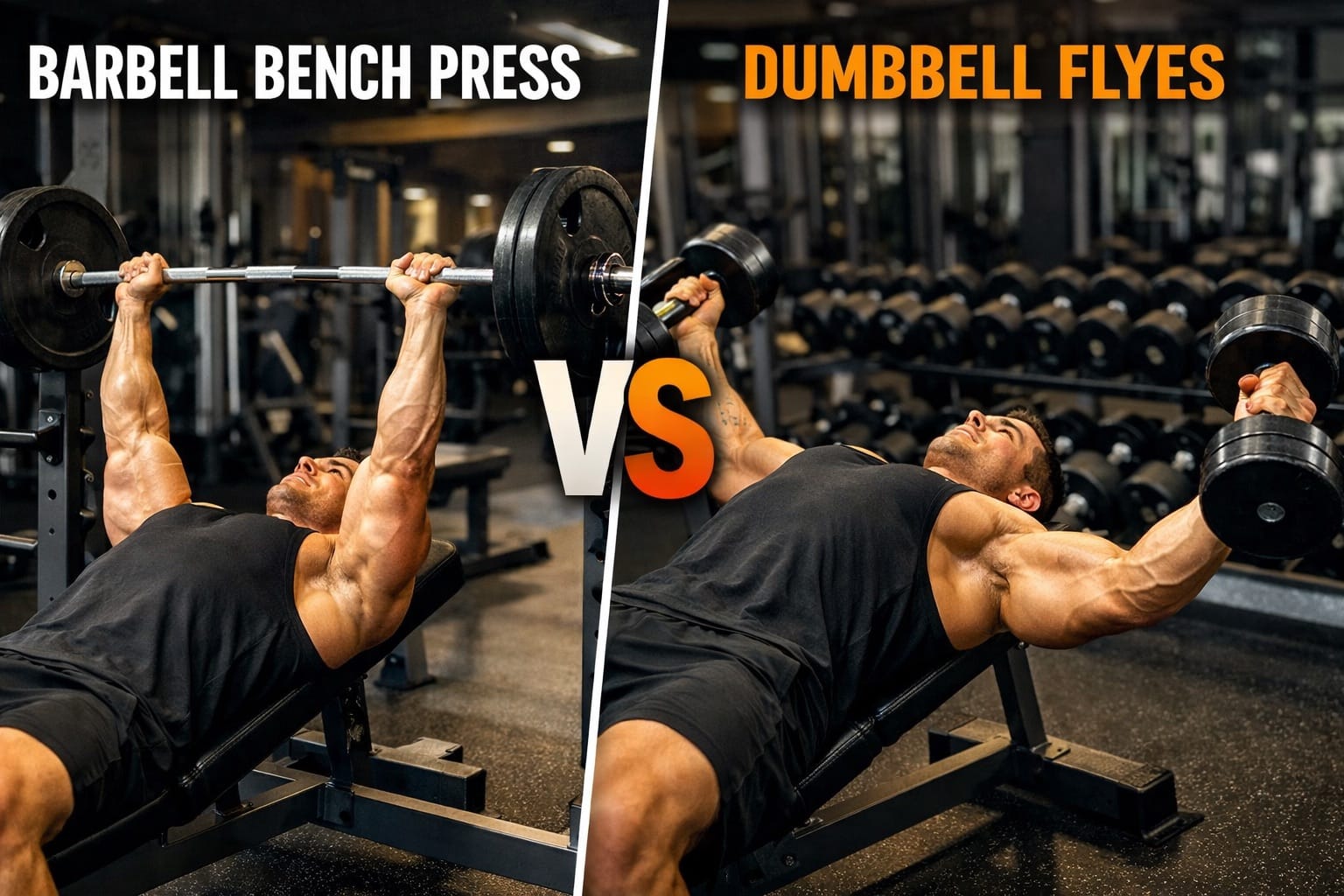 Man performing barbell bench press and dumbbell flyes
