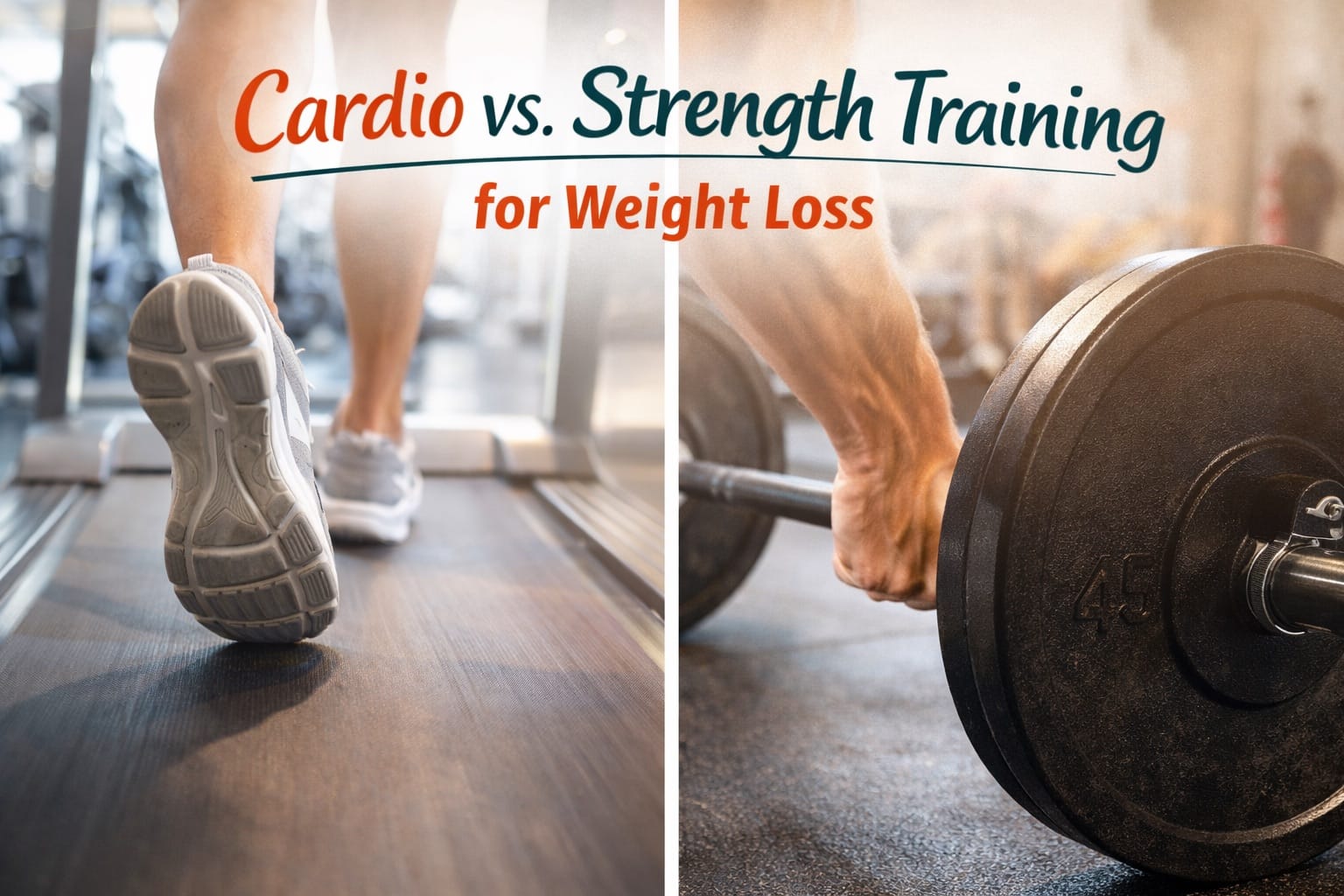 Split view of treadmill on left and weight rack on right comparing cardio versus strength training