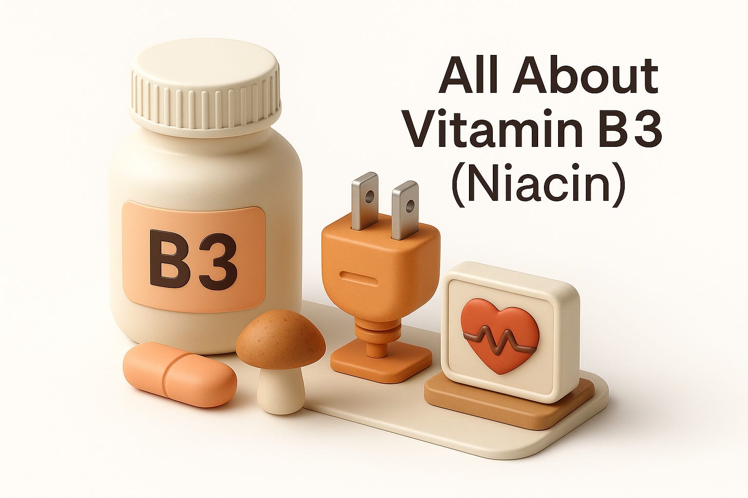 Vitamin B3 rich foods including chicken, tuna, peanuts, and mushrooms
