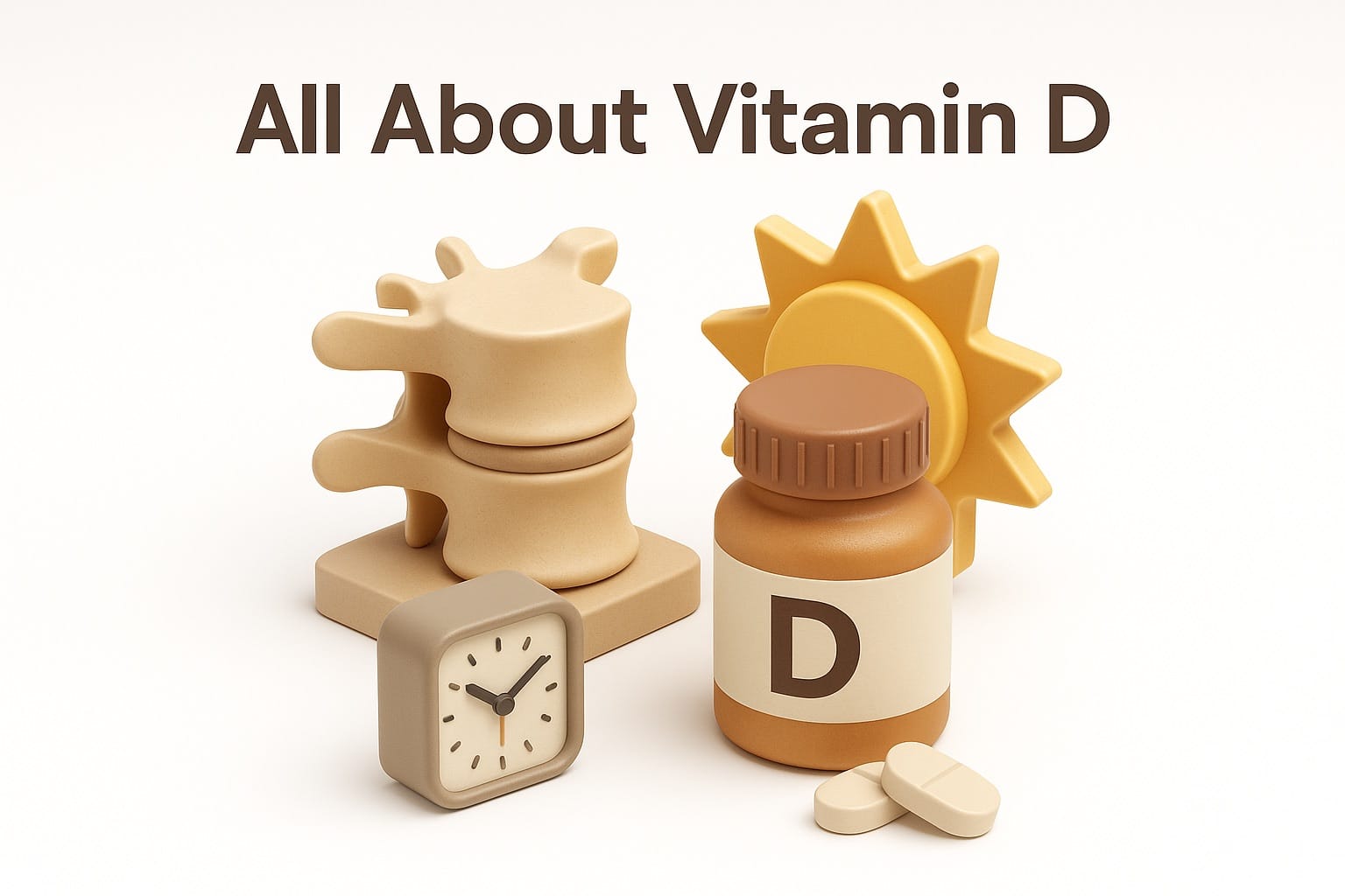 Vitamin D sources including sunlight, salmon, fortified milk, and supplements