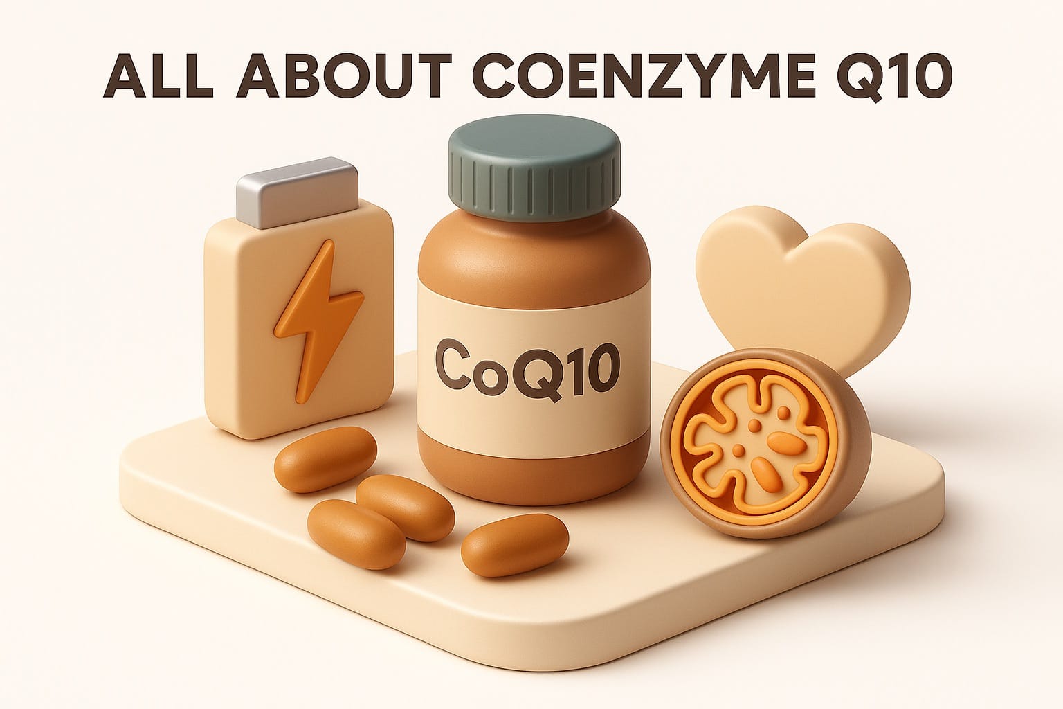 CoQ10 rich foods including salmon, liver, and supplements with mitochondria illustration