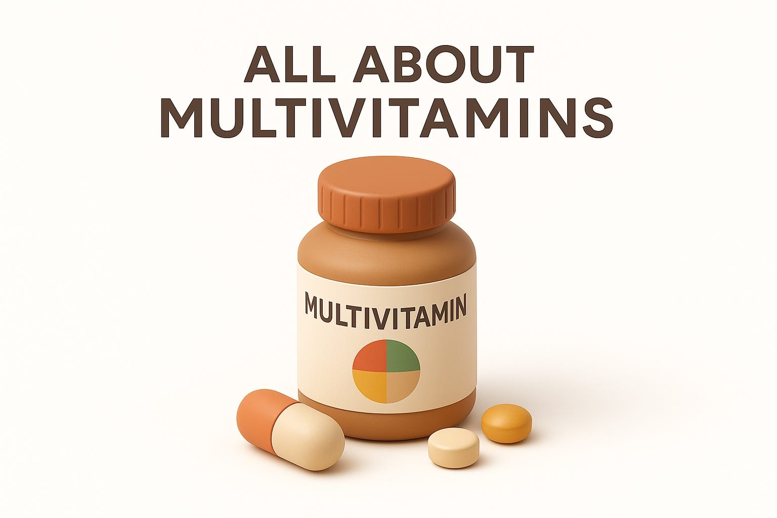 Multivitamin supplements and colorful fruits and vegetables representing comprehensive nutrition