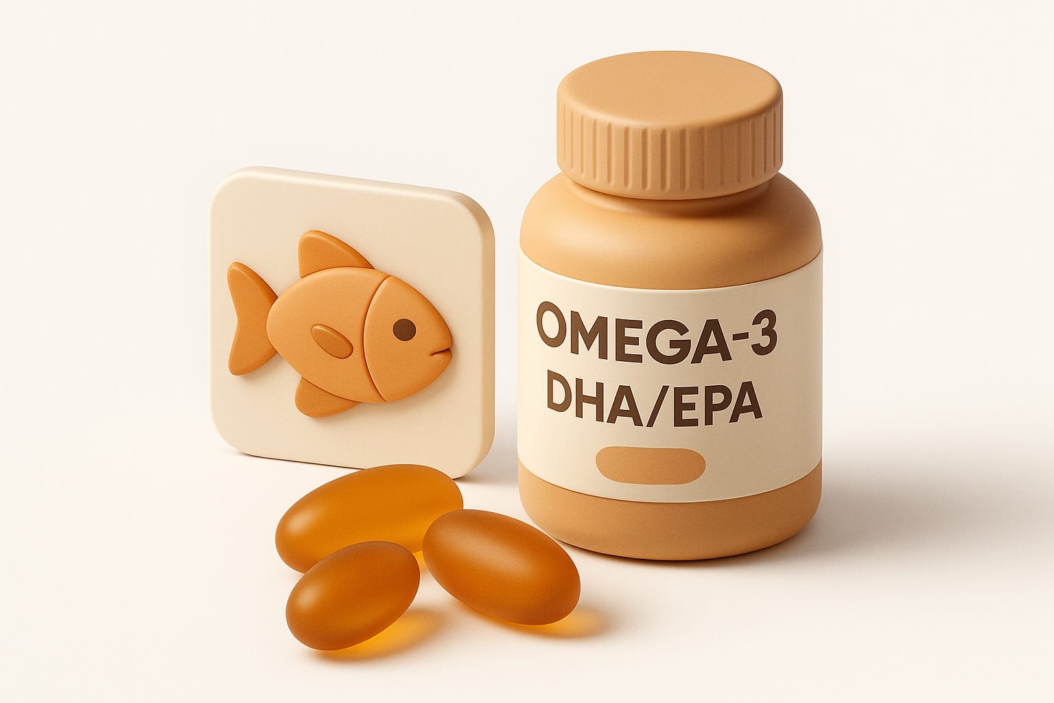 Omega-3 rich foods including salmon, fish oil capsules, and nuts representing heart and brain health
