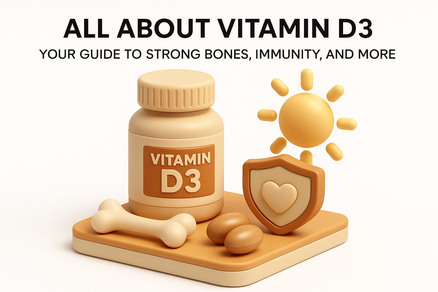 Vitamin D3 supplements with sunny background and foods rich in vitamin D representing bone health and immunity