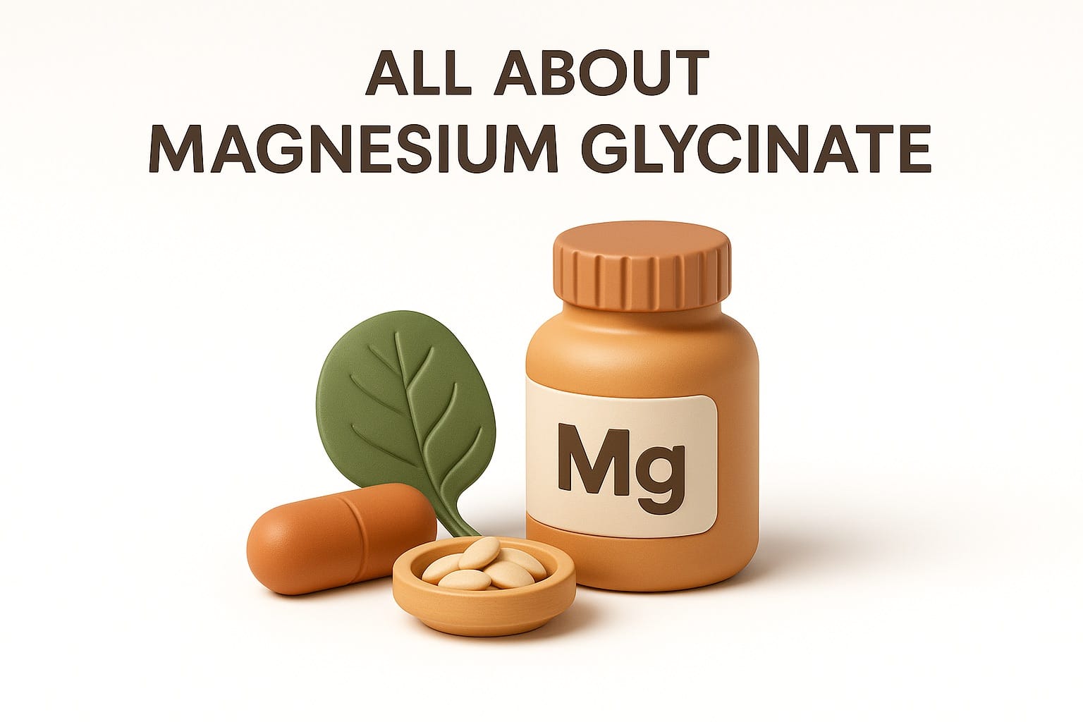 Magnesium glycinate supplements with foods rich in magnesium including spinach and almonds representing relaxation and muscle health