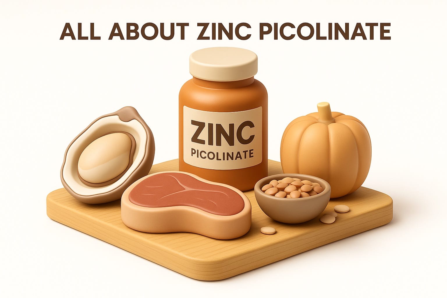 Zinc picolinate supplements with foods rich in zinc including oysters and pumpkin seeds representing immunity and skin health