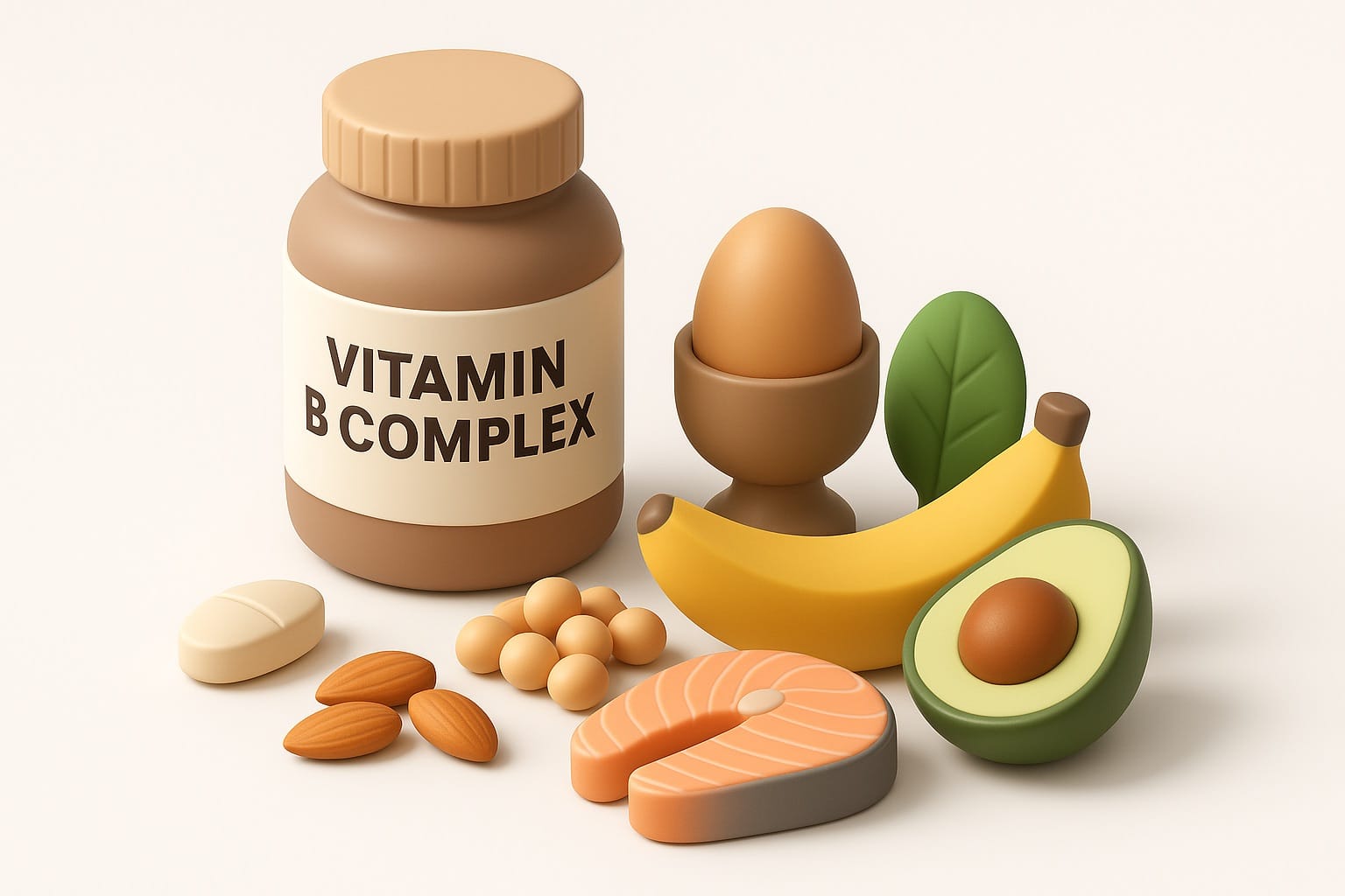 Vitamin B Complex rich foods including whole grains, leafy greens, eggs, and fish arranged on a wooden table