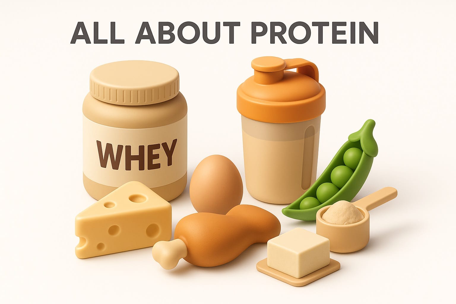Various protein powders including whey protein, whey isolate, and pea protein with shaker bottles and protein-rich foods