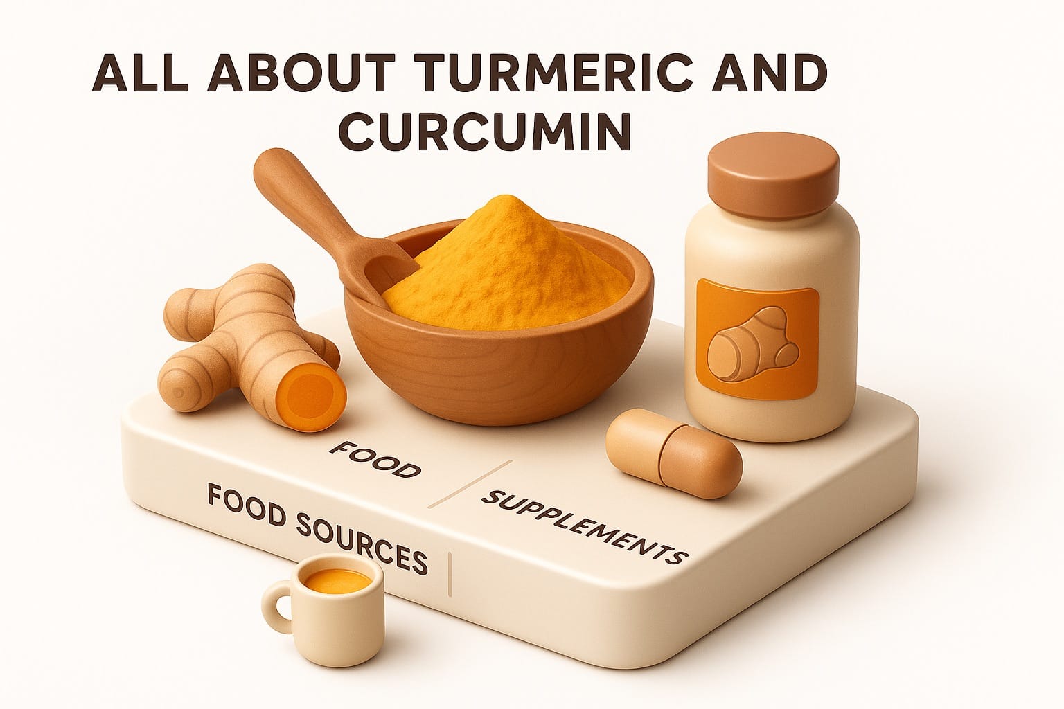 Fresh turmeric root and ground turmeric powder with golden color