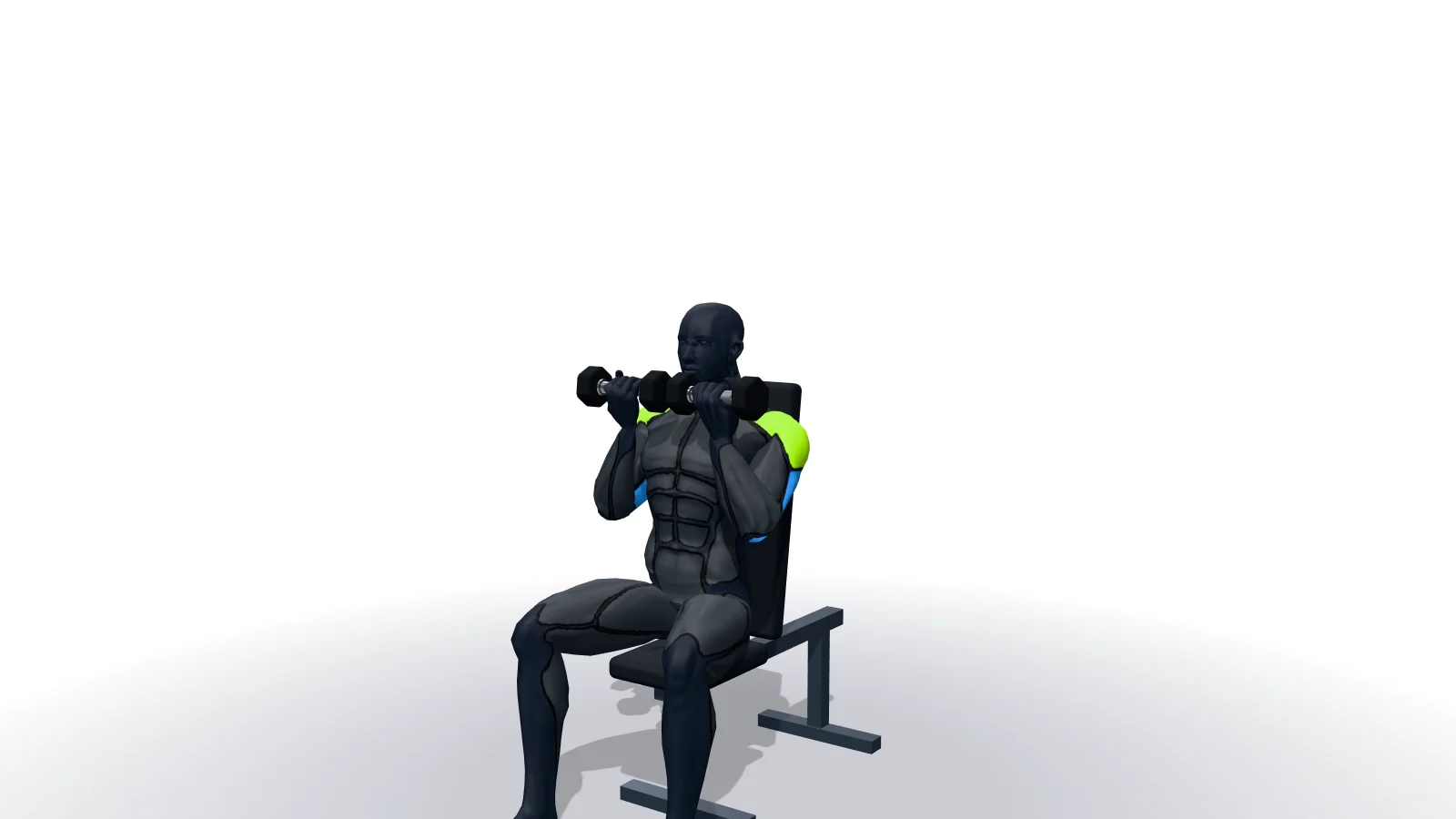 Arnold Dumbbell Press, mostrato da una figura 3D