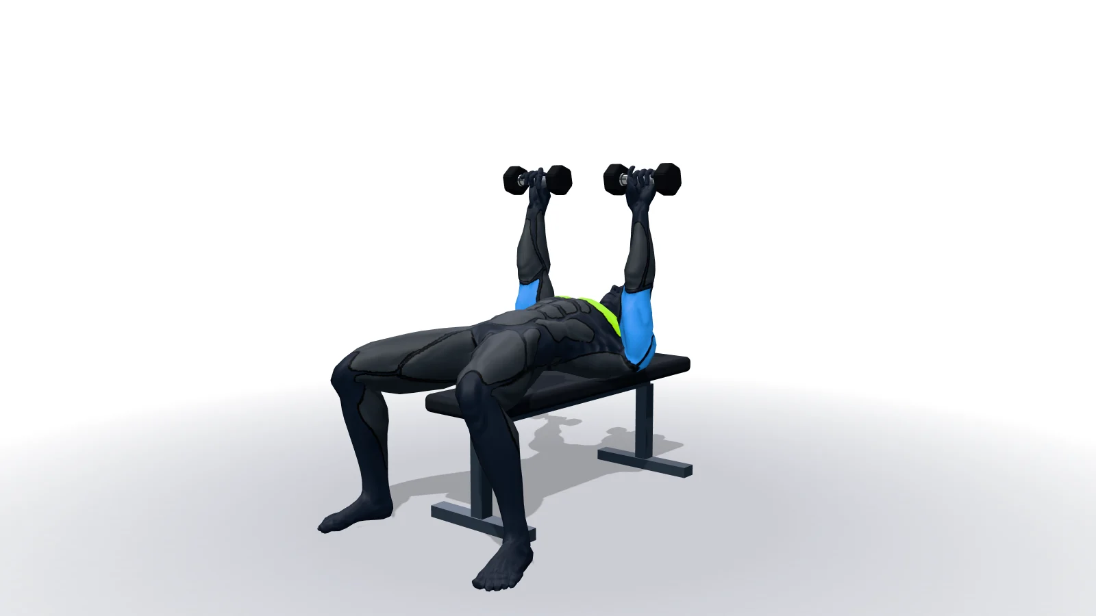 Dumbbell Bench Press, diperagakan oleh figur 3D
