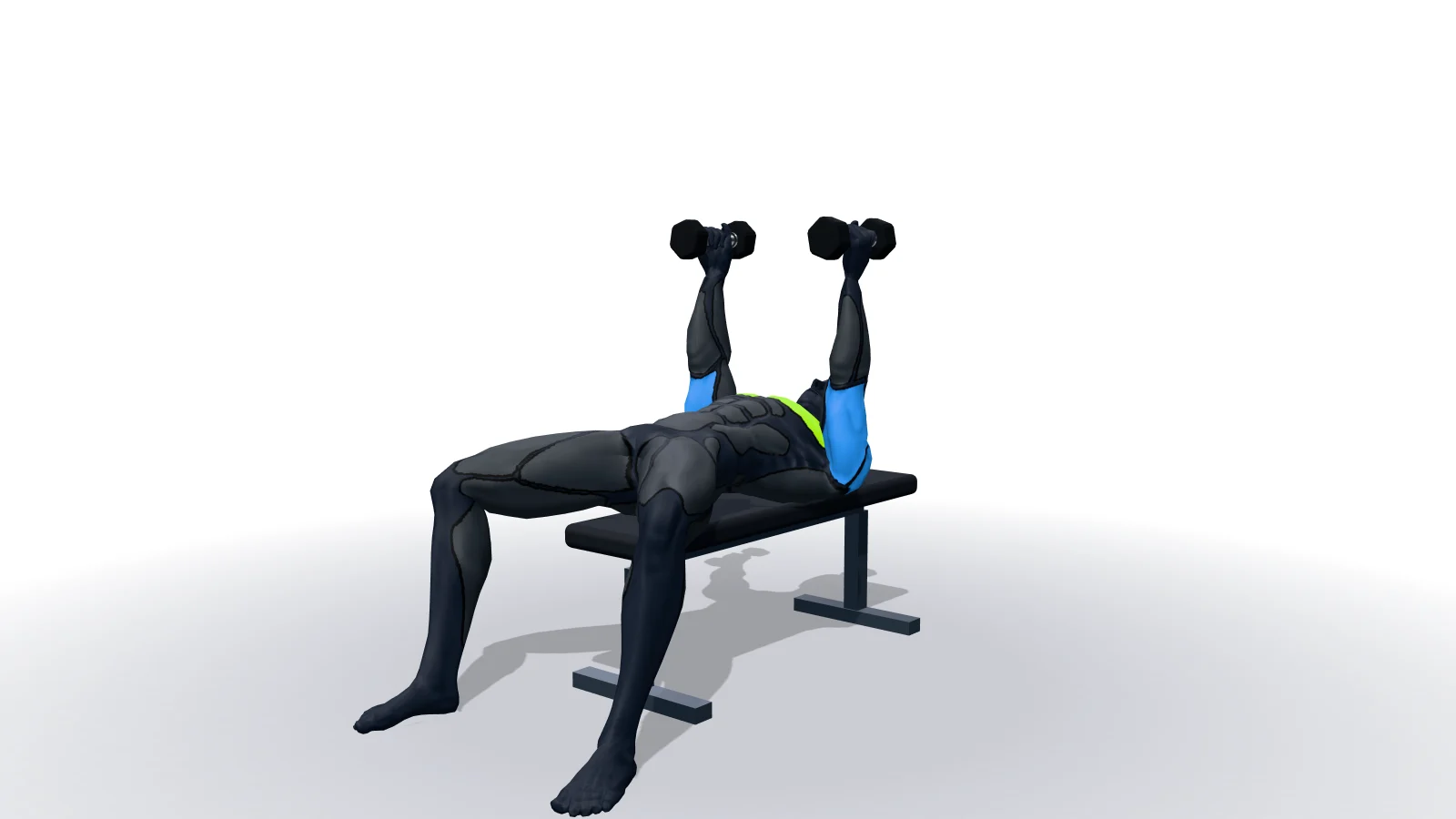 Dumbbell Bench Press with Neutral Grip, diperagakan oleh figur 3D