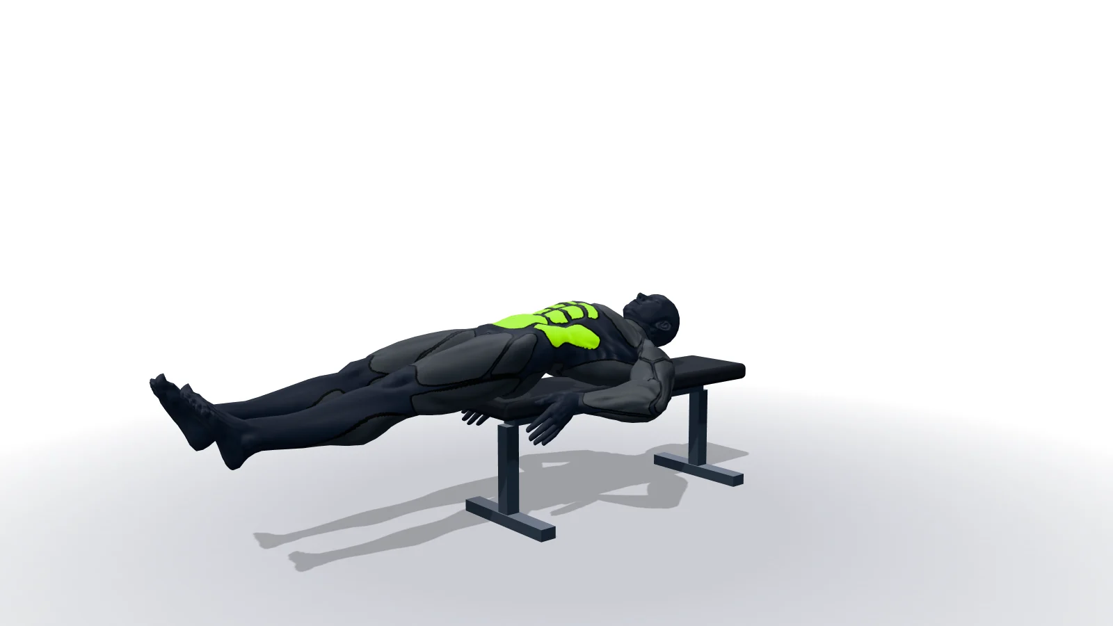 Flat Bench Lying Leg Raise, mostrato da una figura 3D