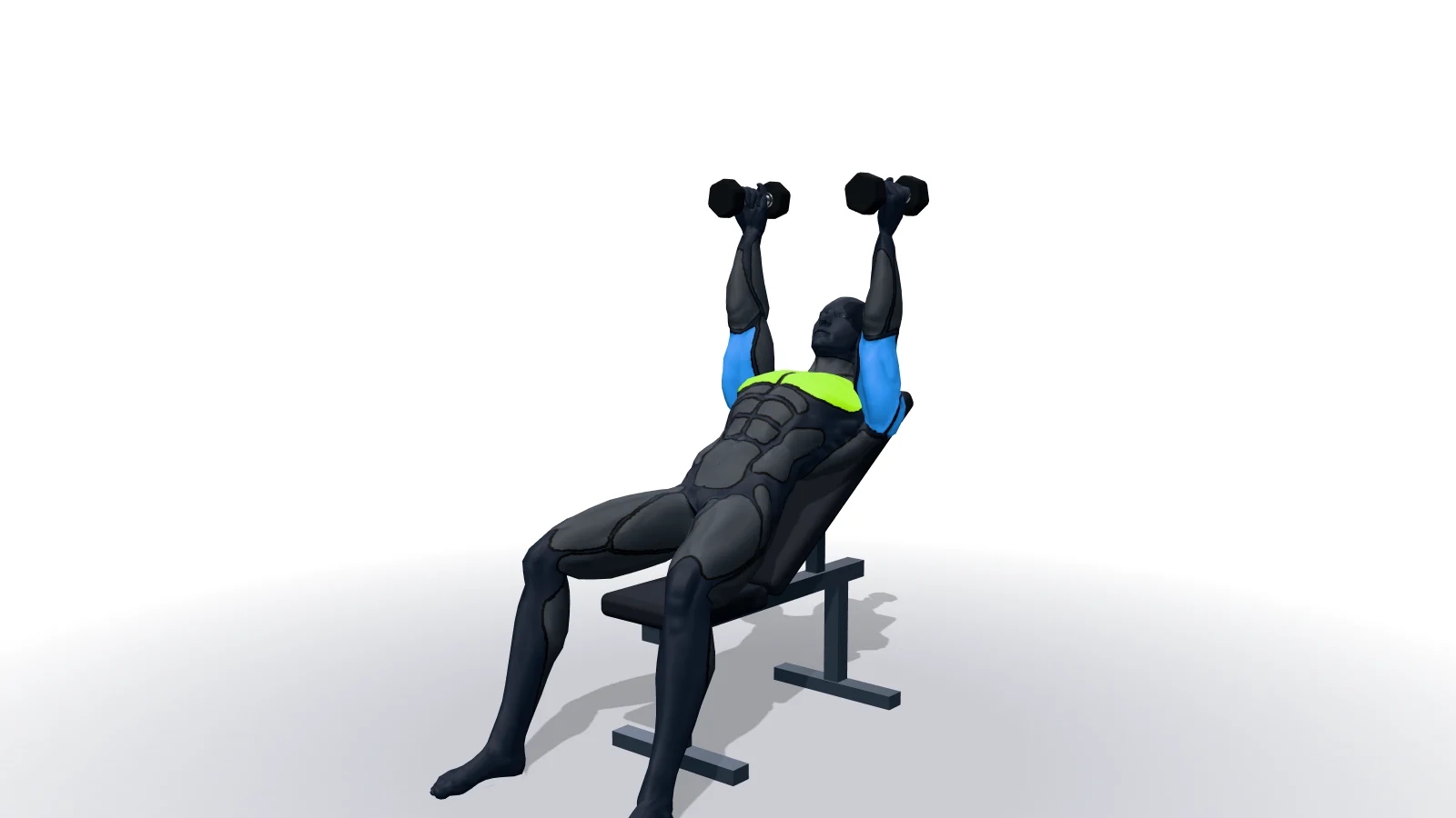 Incline Dumbbell Bench With Palms Facing In, 3D bir figürle gösteriliyor