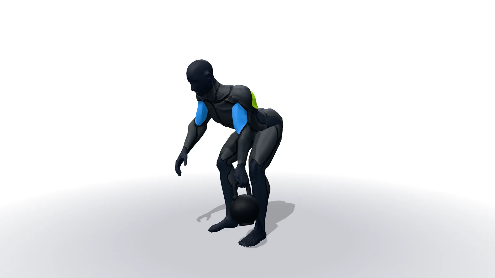 One-Arm Kettlebell Row, voorgedaan door een 3D-figuur