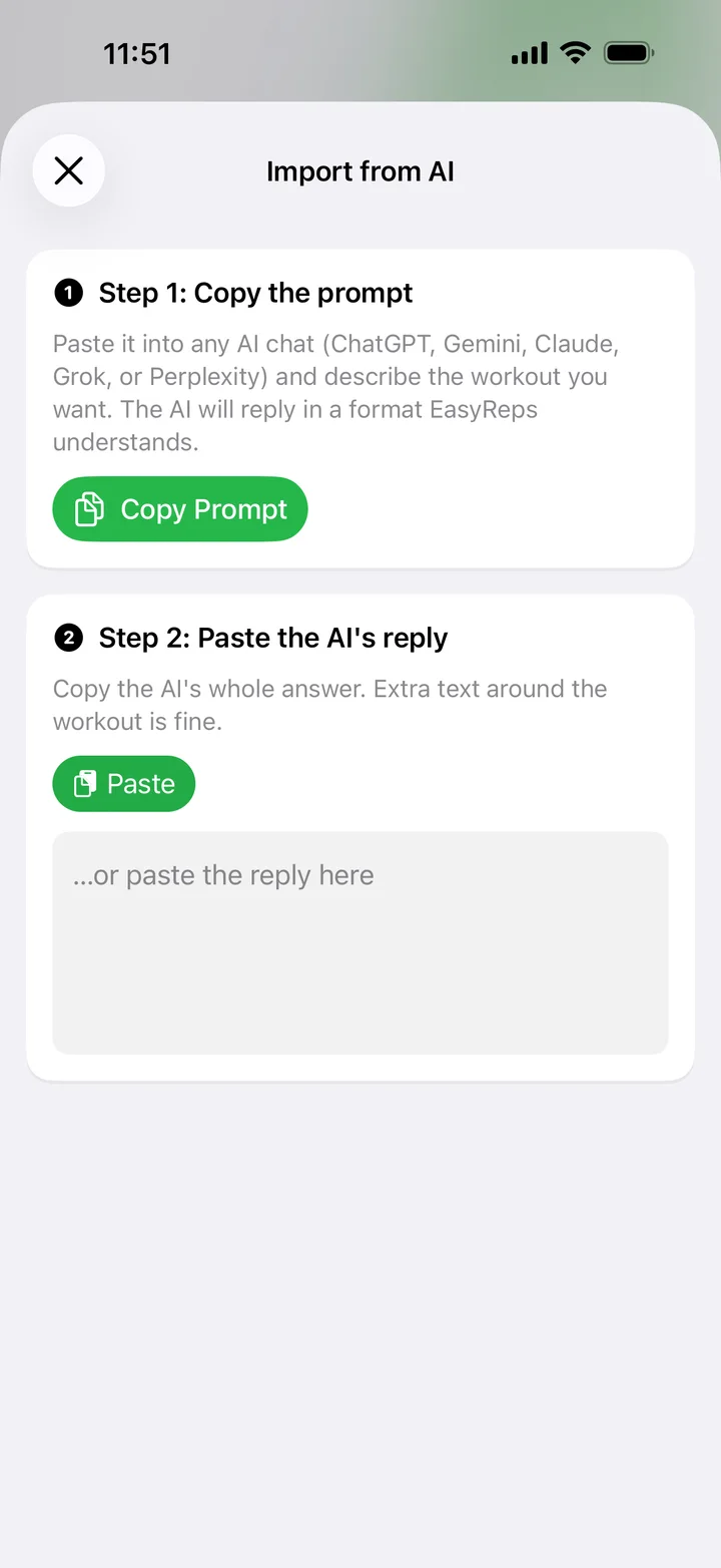 Importing a workout from an AI chat in Easy Reps