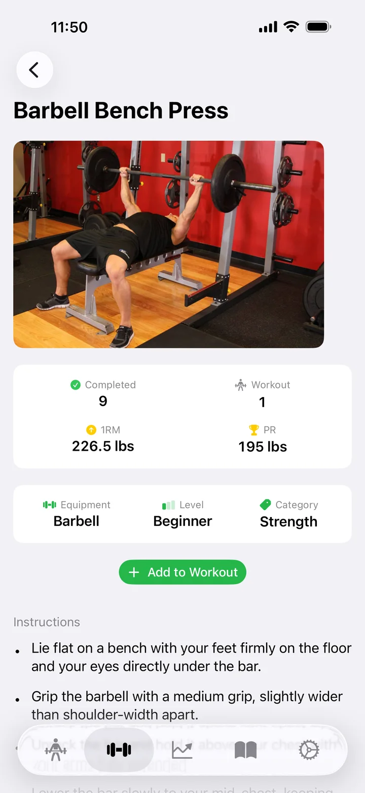 The Barbell Bench Press exercise page in Easy Reps with a photo and instructions