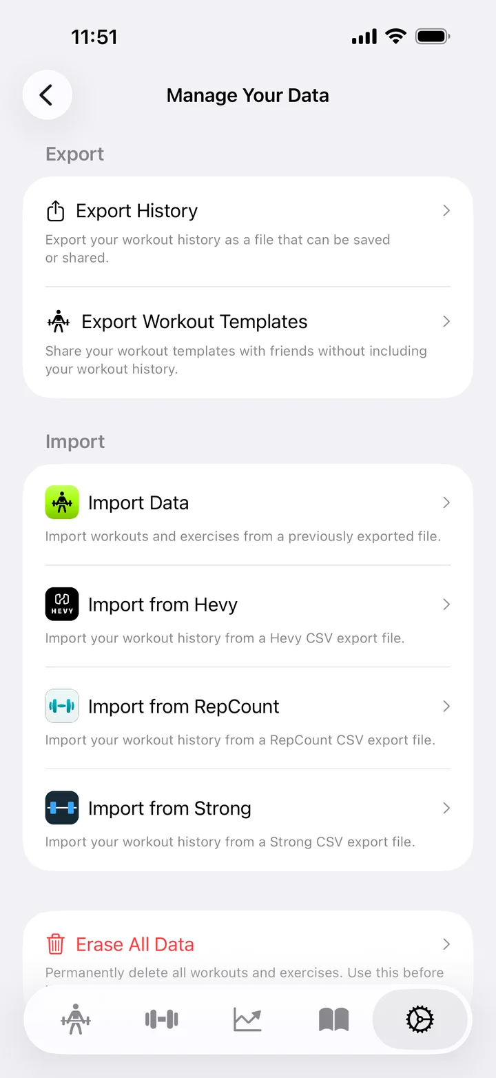 Import options for Hevy, RepCount, and Strong in Easy Reps