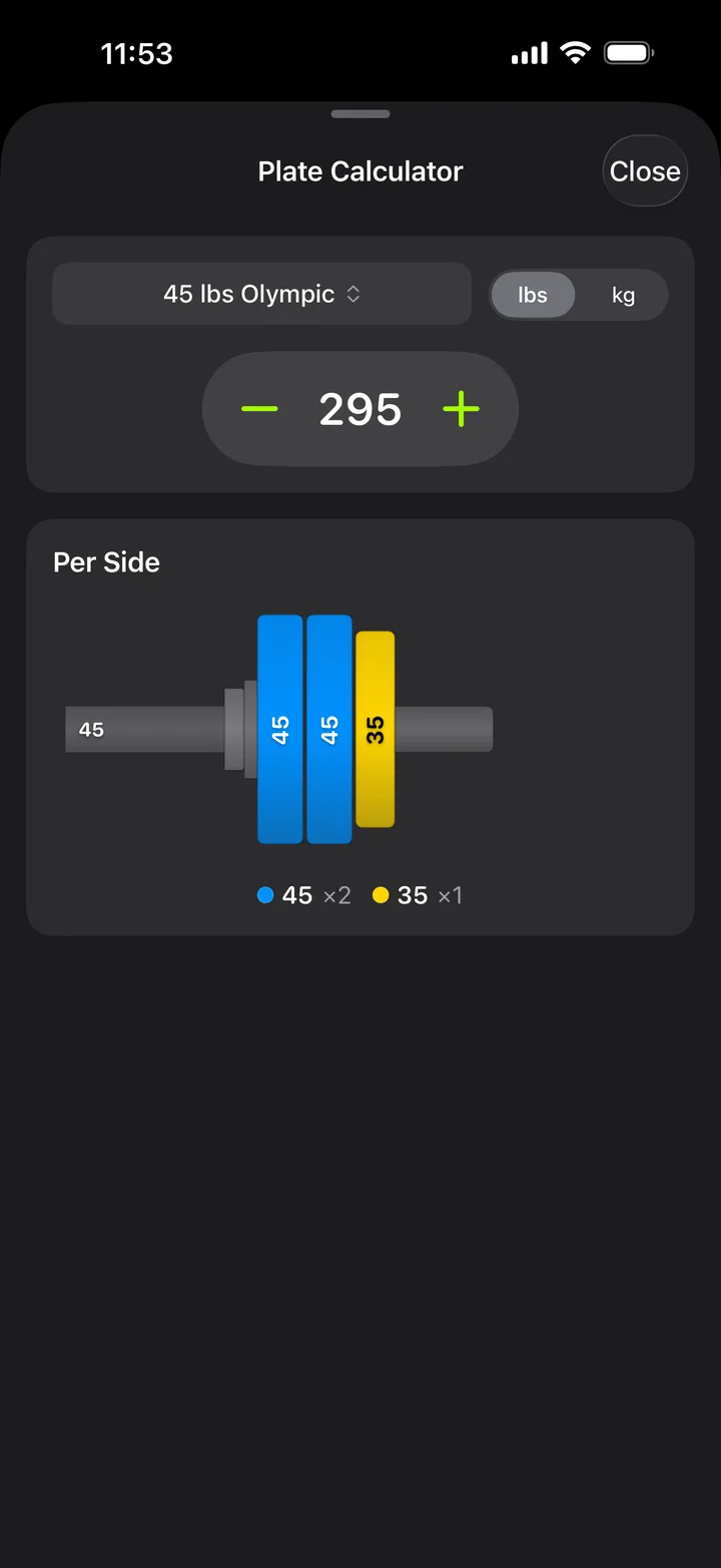 The Easy Reps plate calculator showing plates per side for 295 lbs