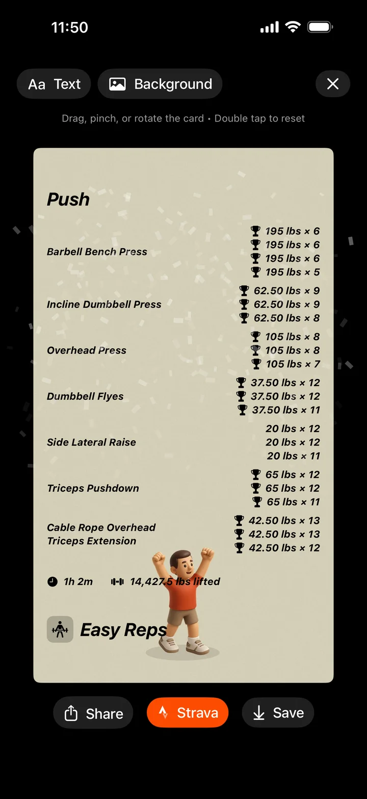 A shareable Easy Reps workout card for a Push workout