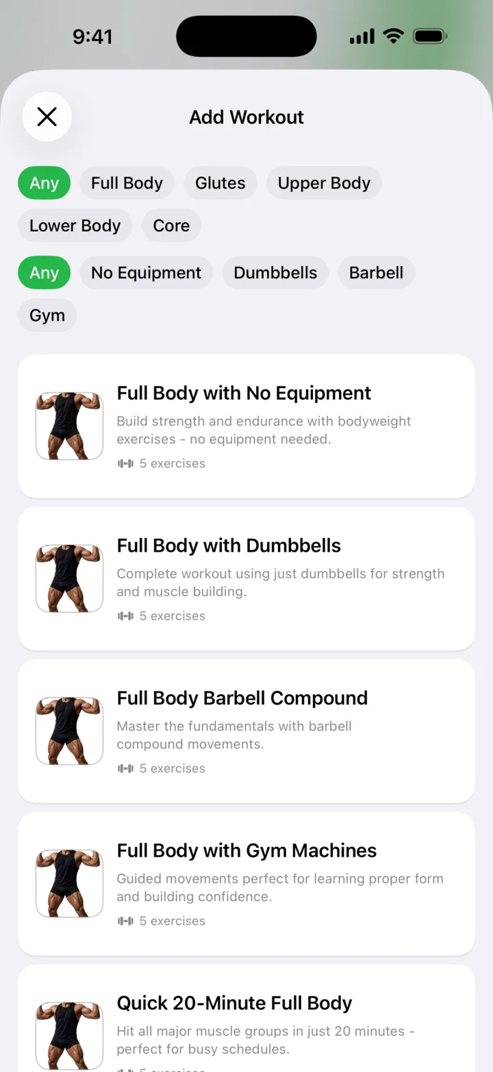 Workout templates in Easy Reps, filtered by body area and equipment