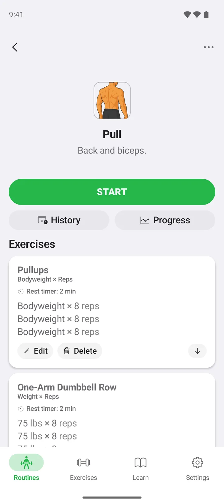 A Pull workout in the Easy Reps Android app, with its exercises and a Start button