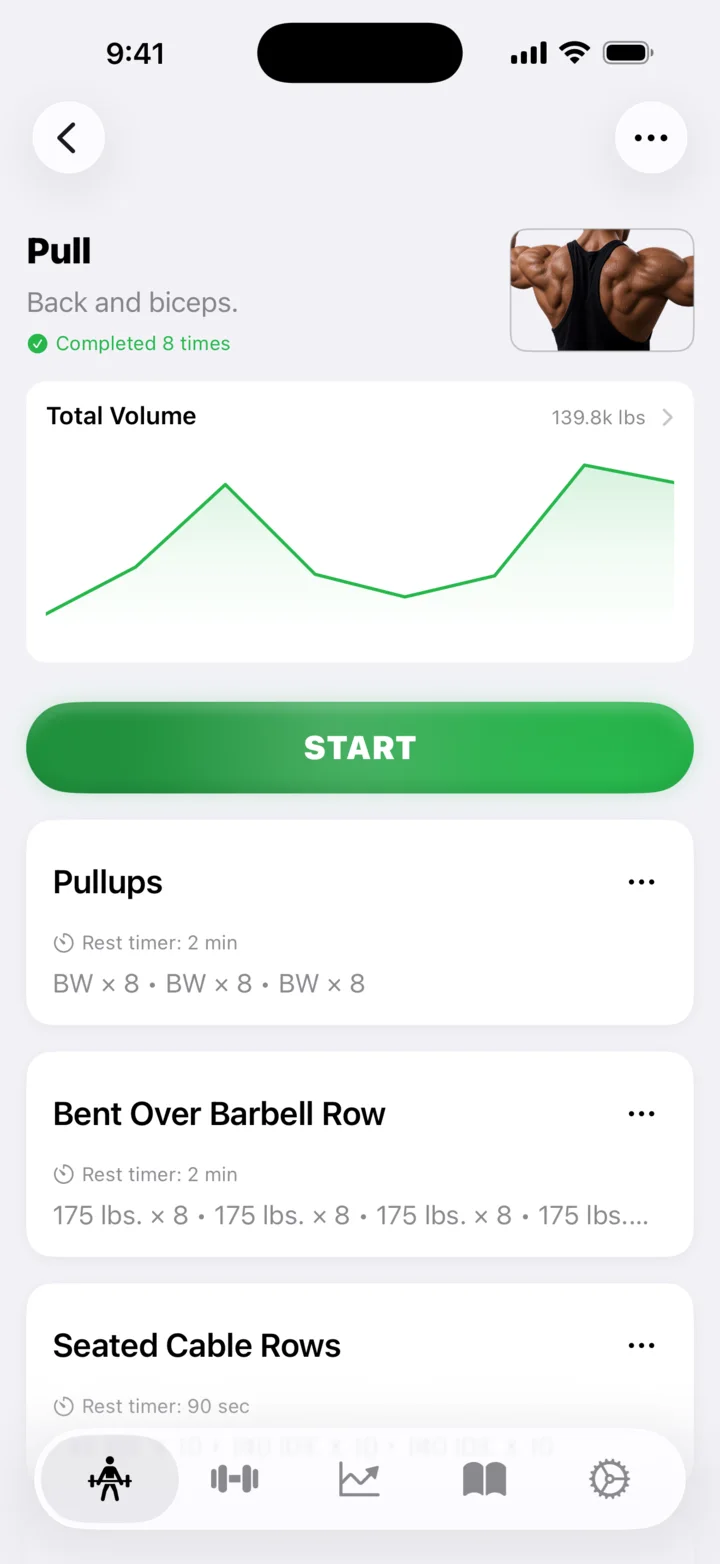 A Pull workout in Easy Reps with its volume chart and a Start button